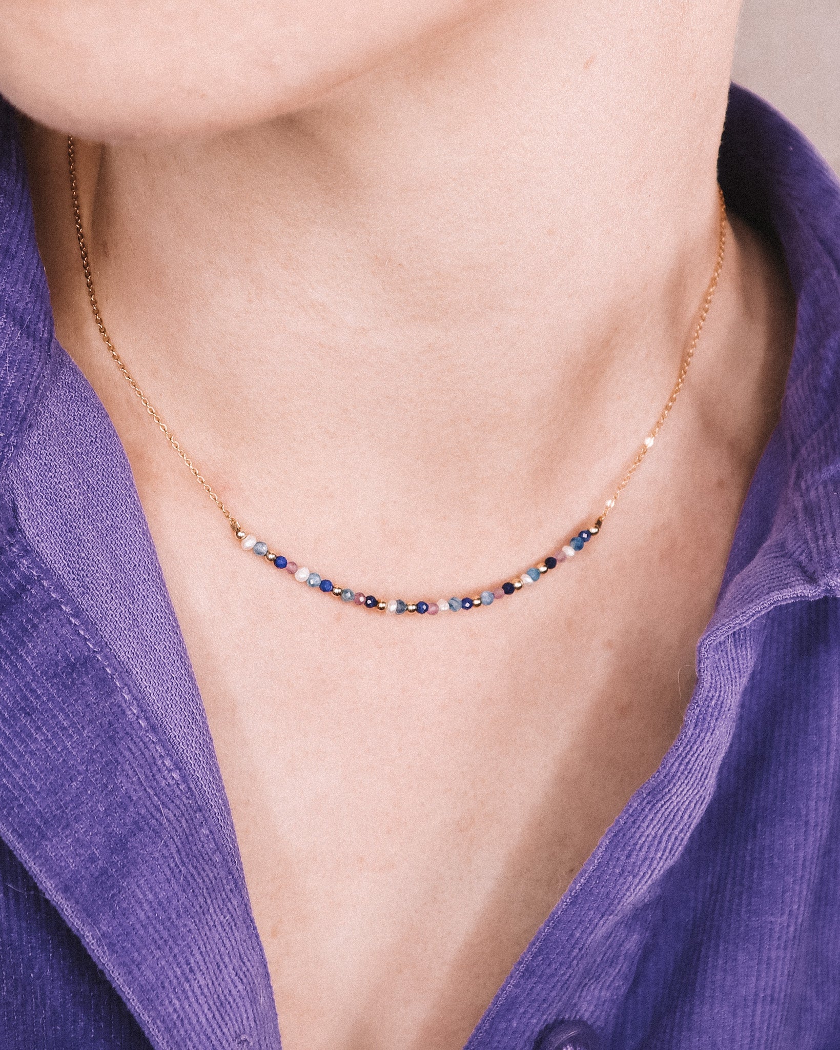 Andromede - Collier court femme pierres lapis lazuli amethyste perle de culture or argent