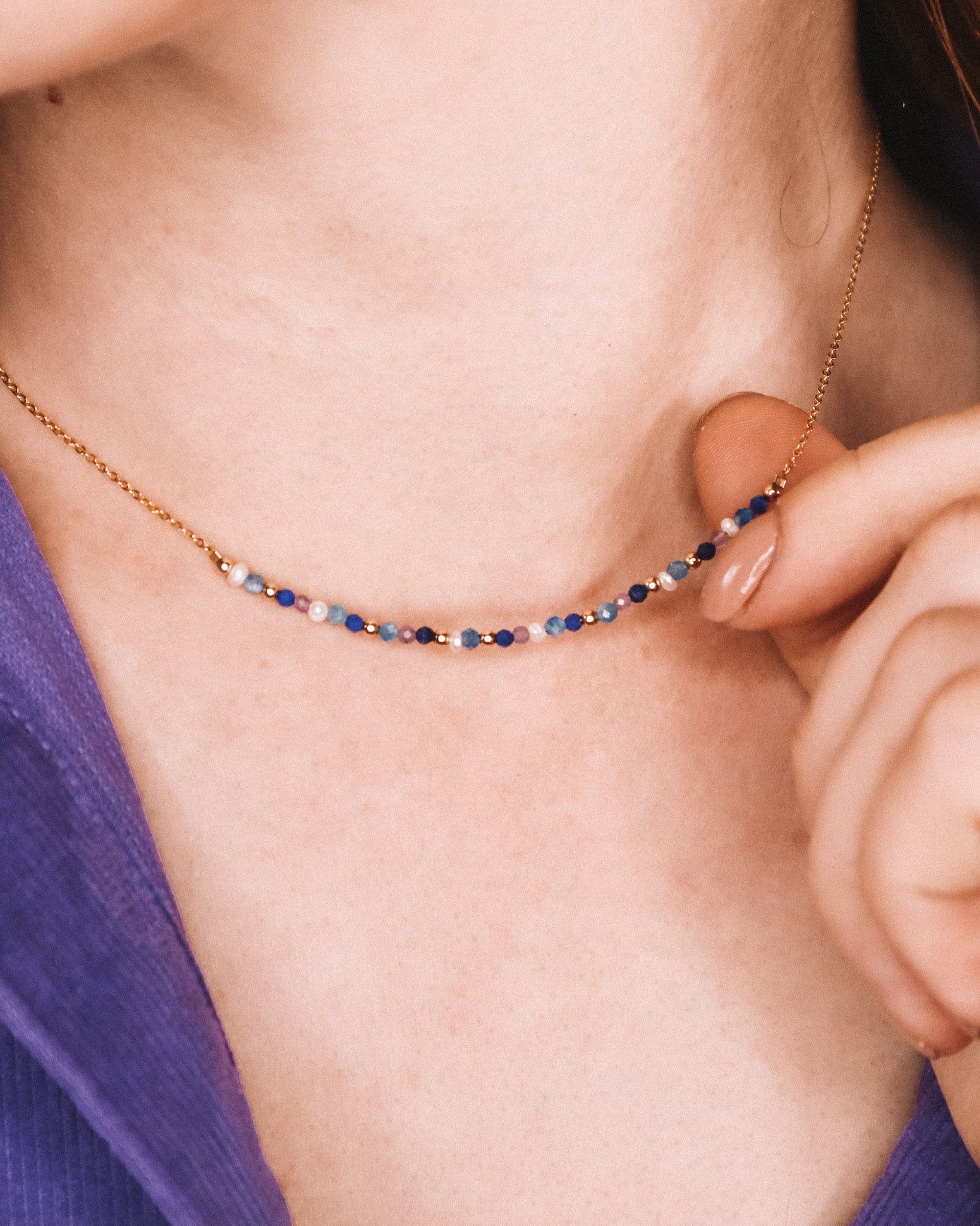 Andromede - Collier court femme pierres lapis lazuli amethyste perle de culture or argent