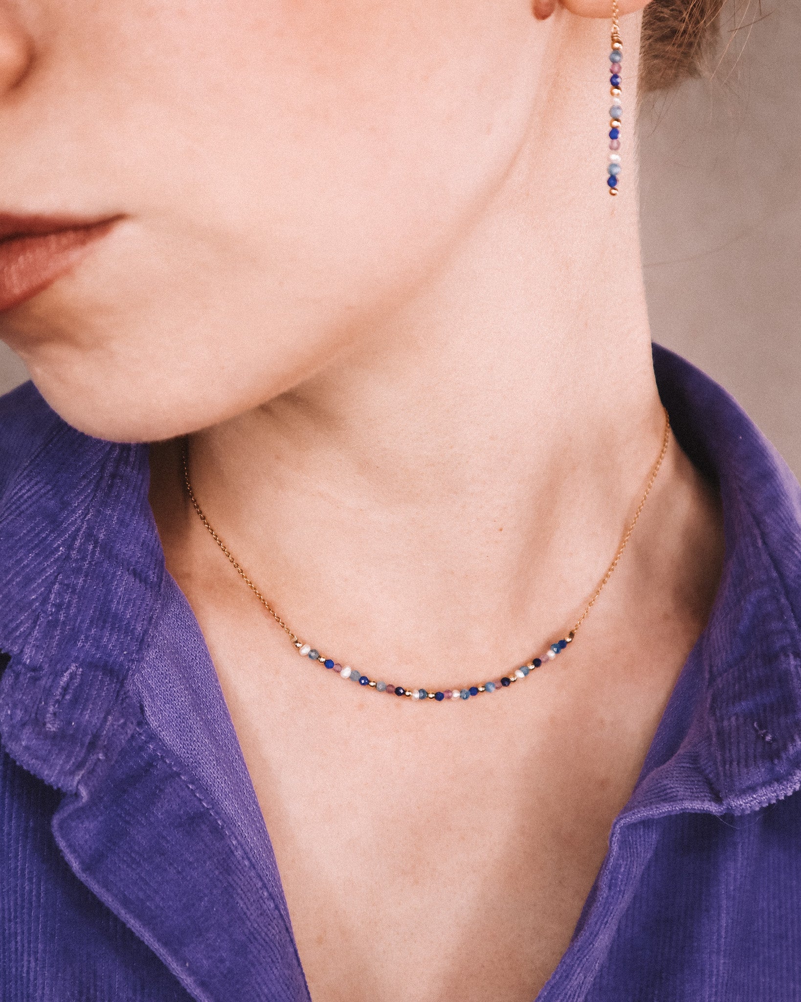 Andromede - Collier court femme pierres lapis lazuli amethyste perle de culture or argent
