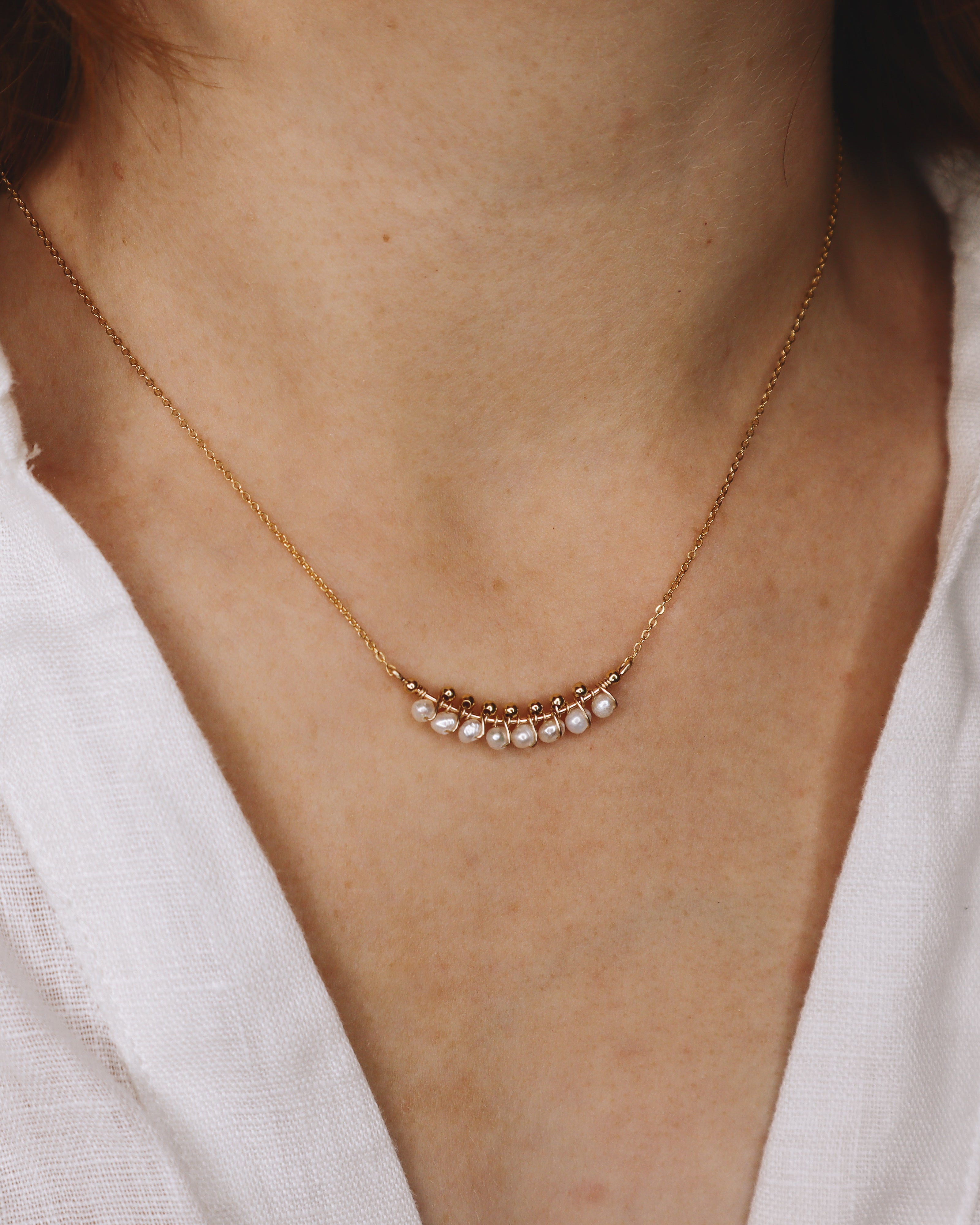 Aulne blanc - Collier femme tissage perles de culture or ou argent