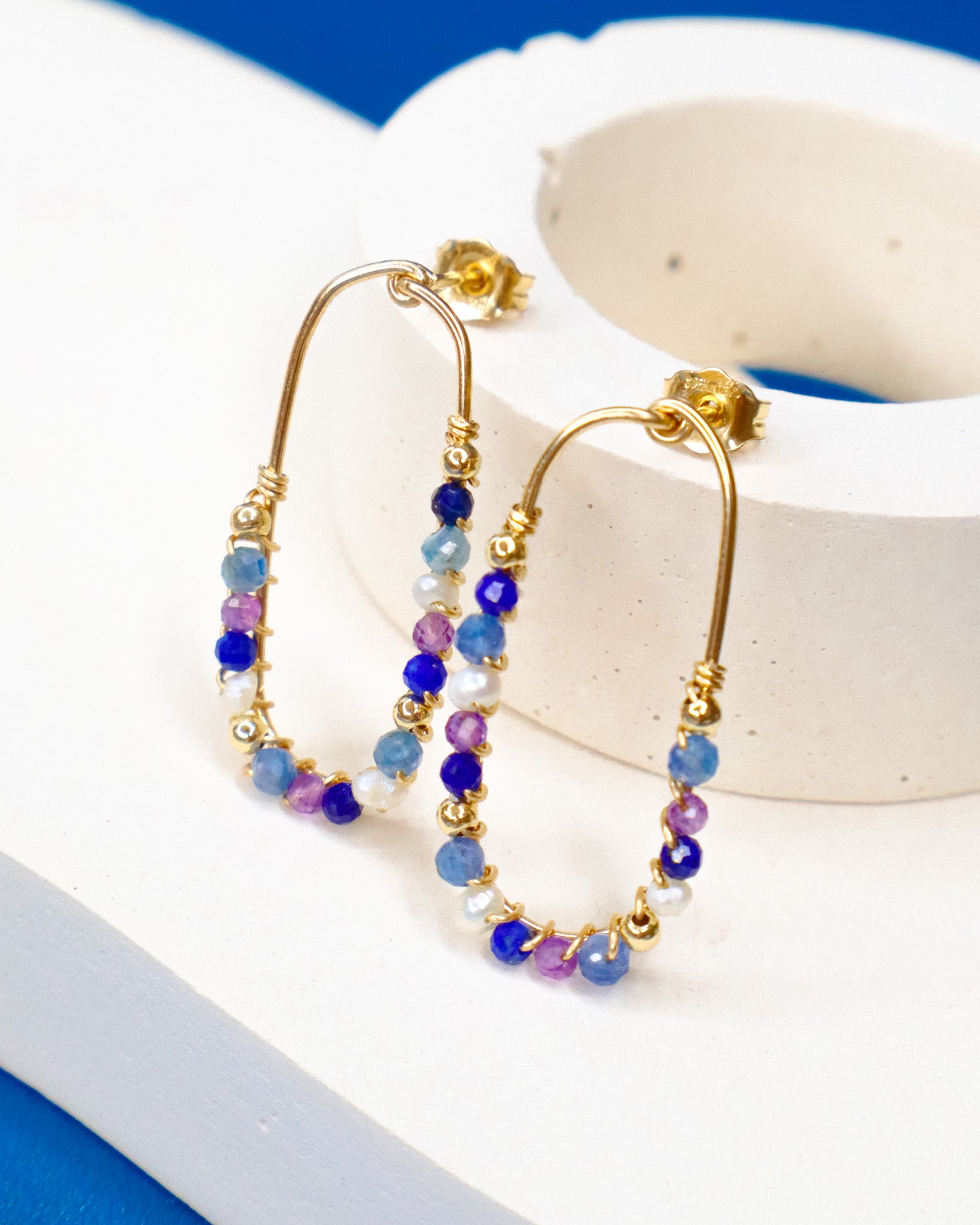 Cassiopee - Boucles d'oreilles puces femme lapis lazuli, amethyste, perle, or argent
