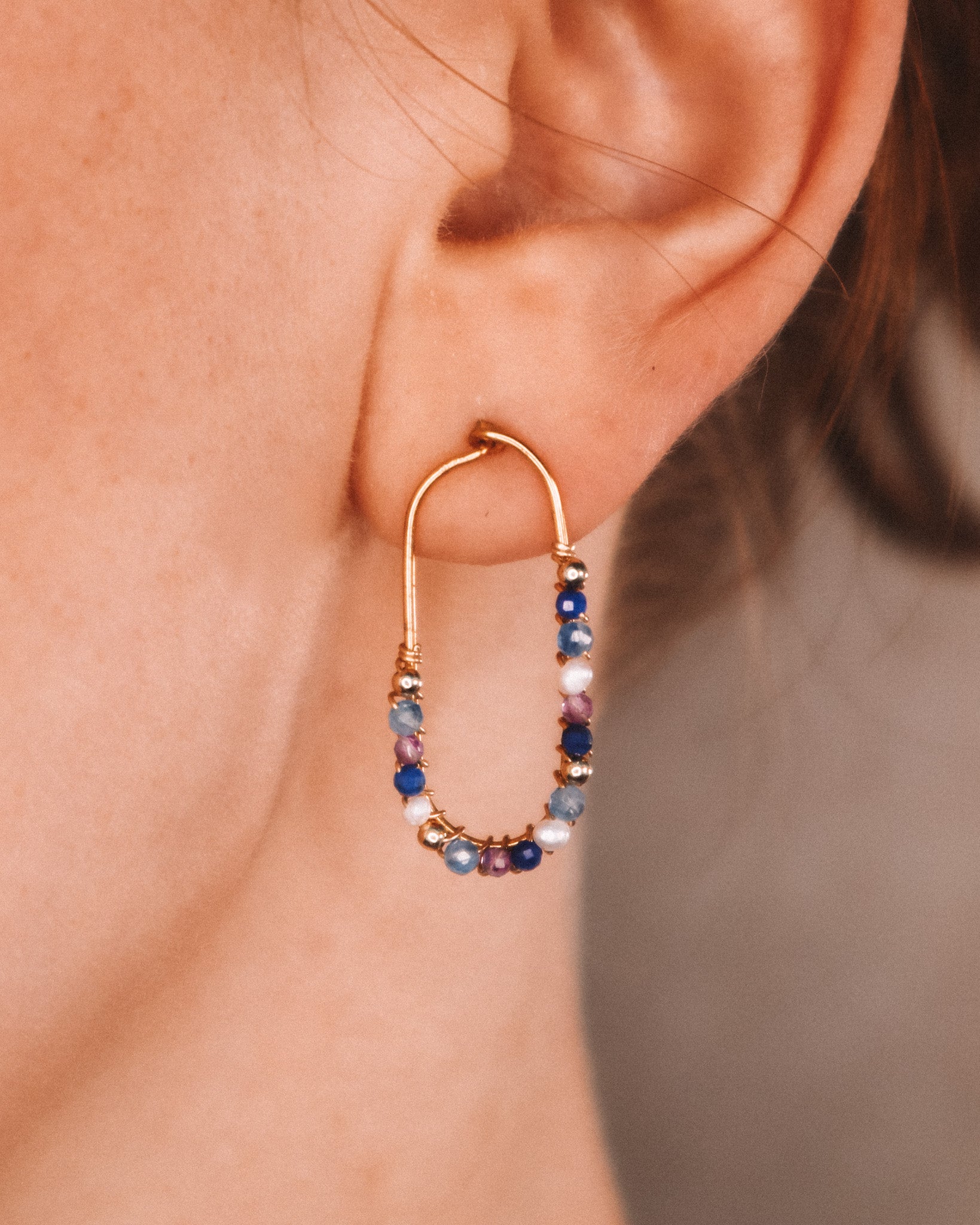 Cassiopee - Boucles d'oreilles puces femme lapis lazuli, amethyste, perle, or argent