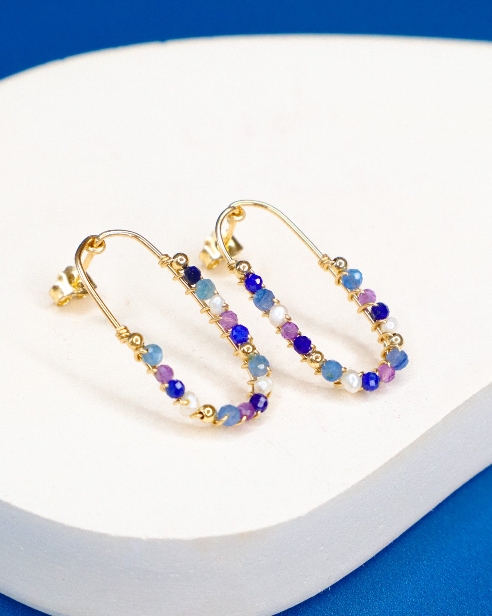 Cassiopee - Boucles d'oreilles puces femme lapis lazuli, amethyste, perle, or argent