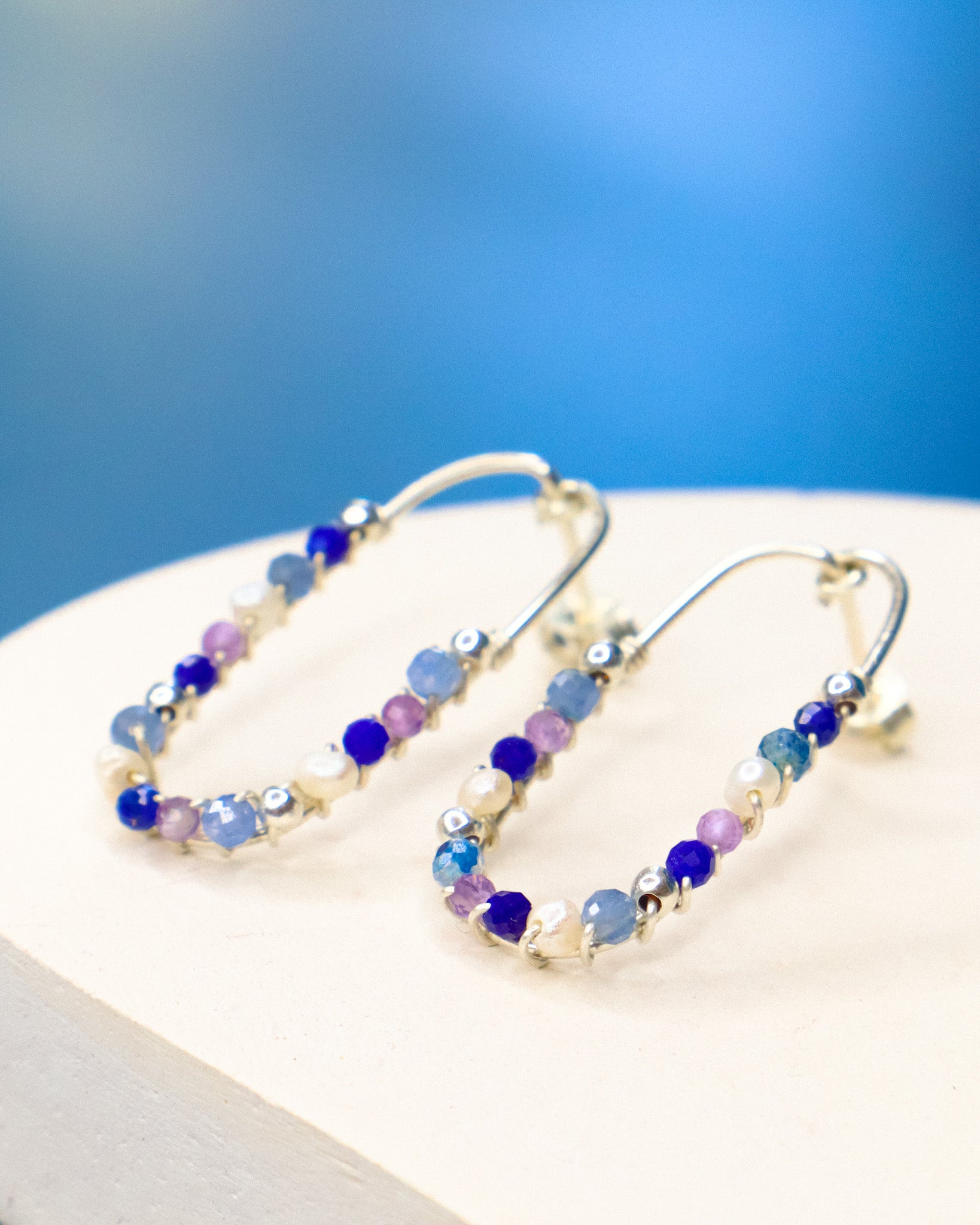 Cassiopee - Boucles d'oreilles puces femme lapis lazuli, amethyste, perle, or argent