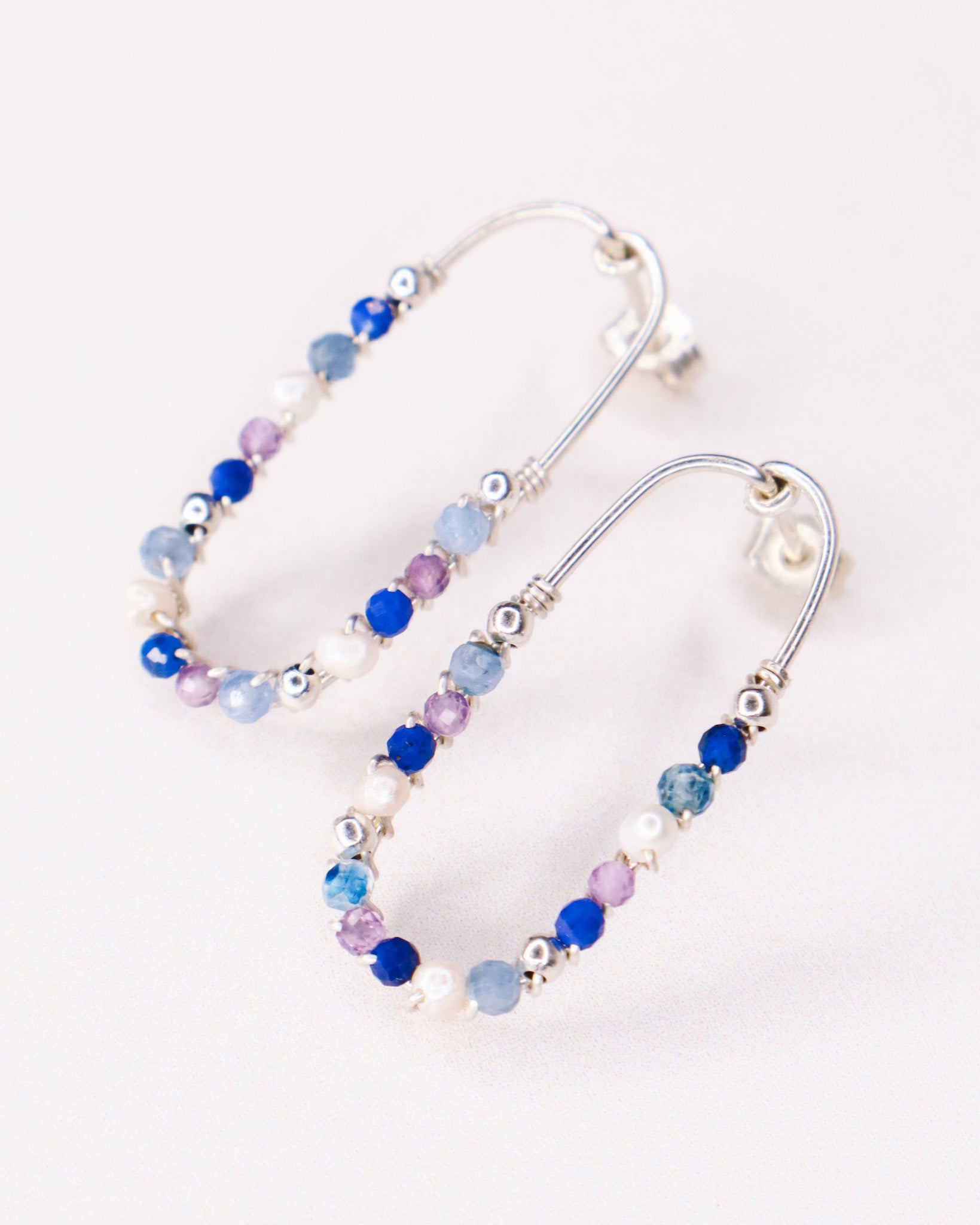 Cassiopee - Boucles d'oreilles puces femme lapis lazuli, amethyste, perle, or argent