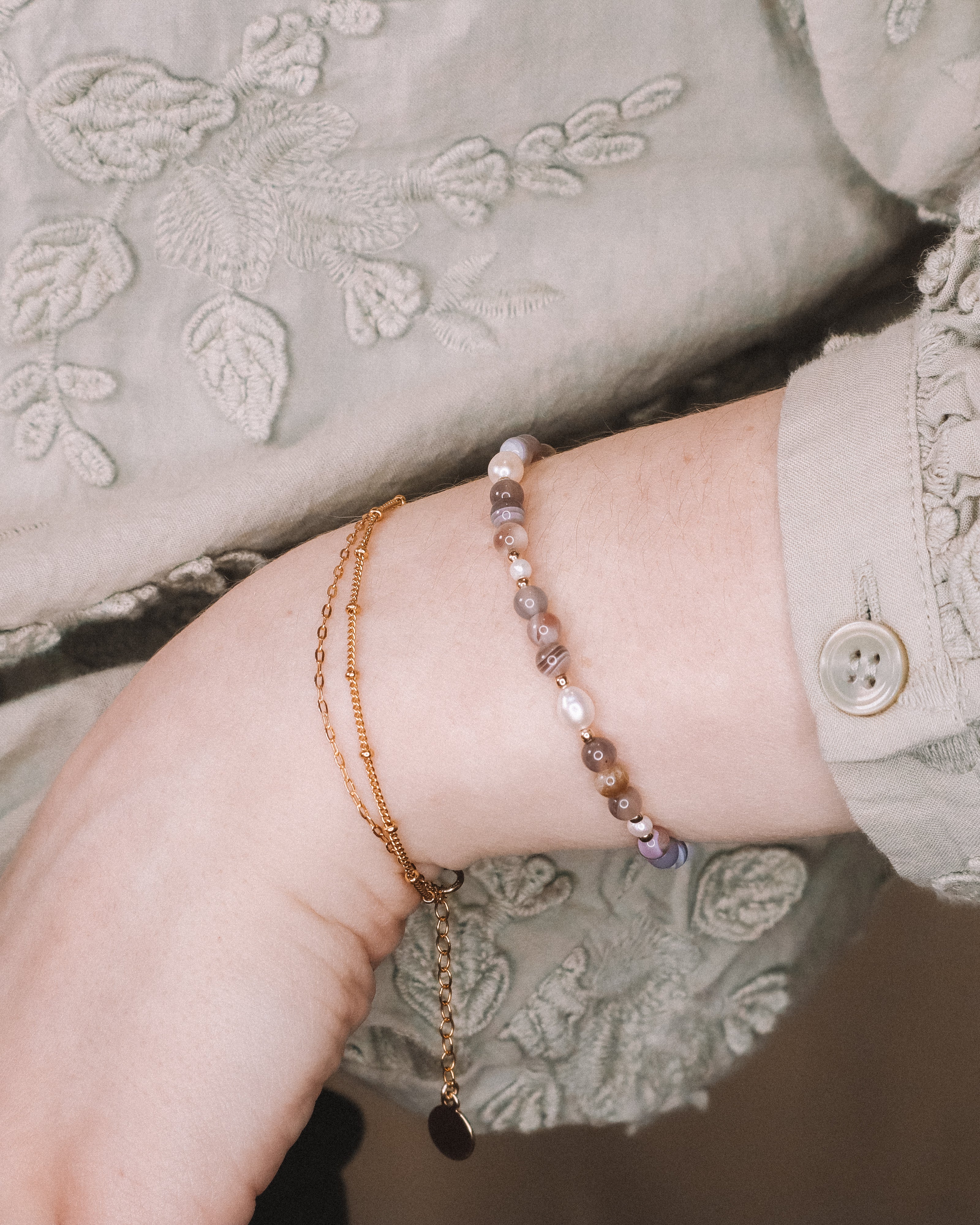 Iya - Bracelet perles femme agate botswana perle de culture or argent
