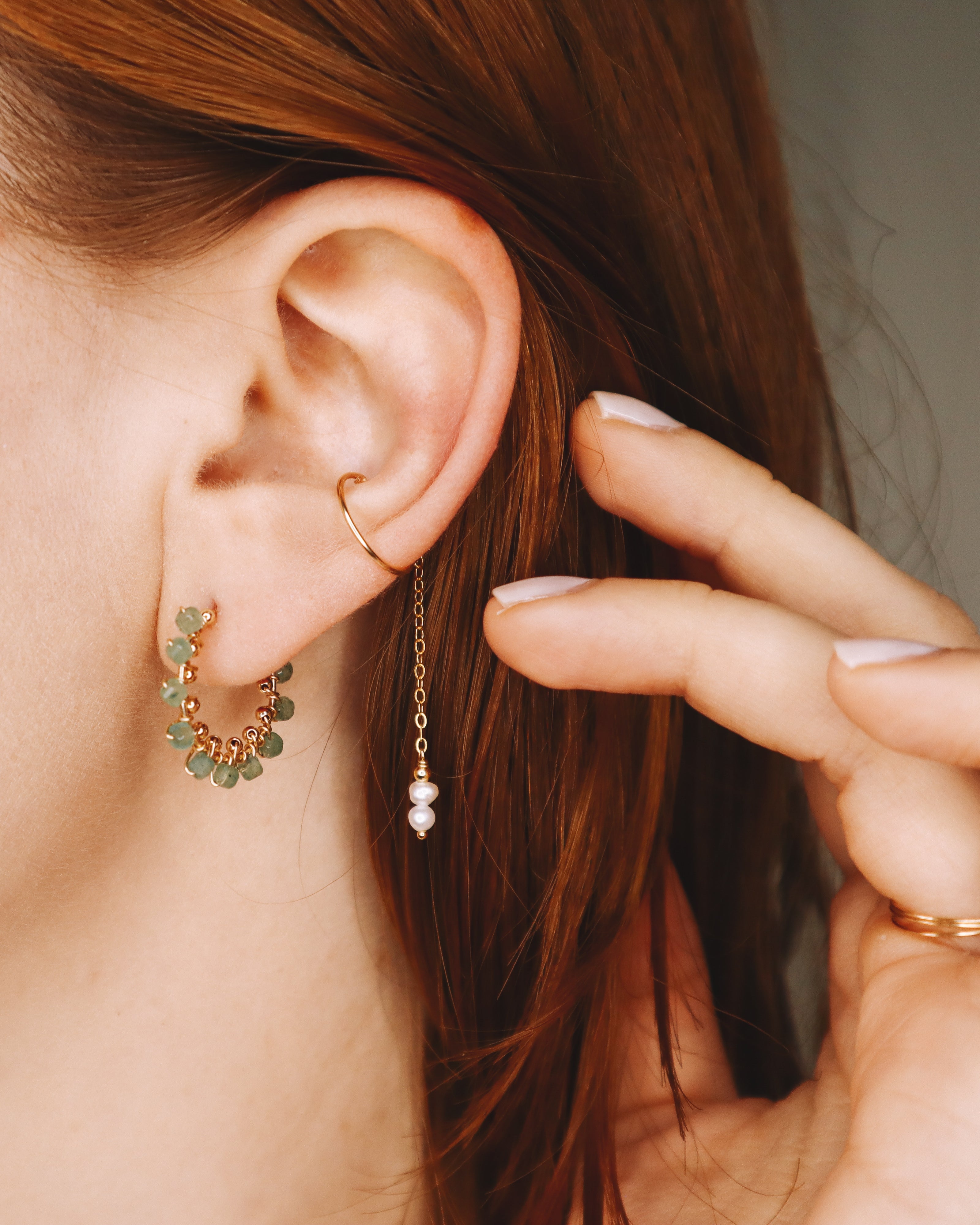 Liamone vert - Grandes boucles d'oreilles creoles tissees aventurines vertes or et argent