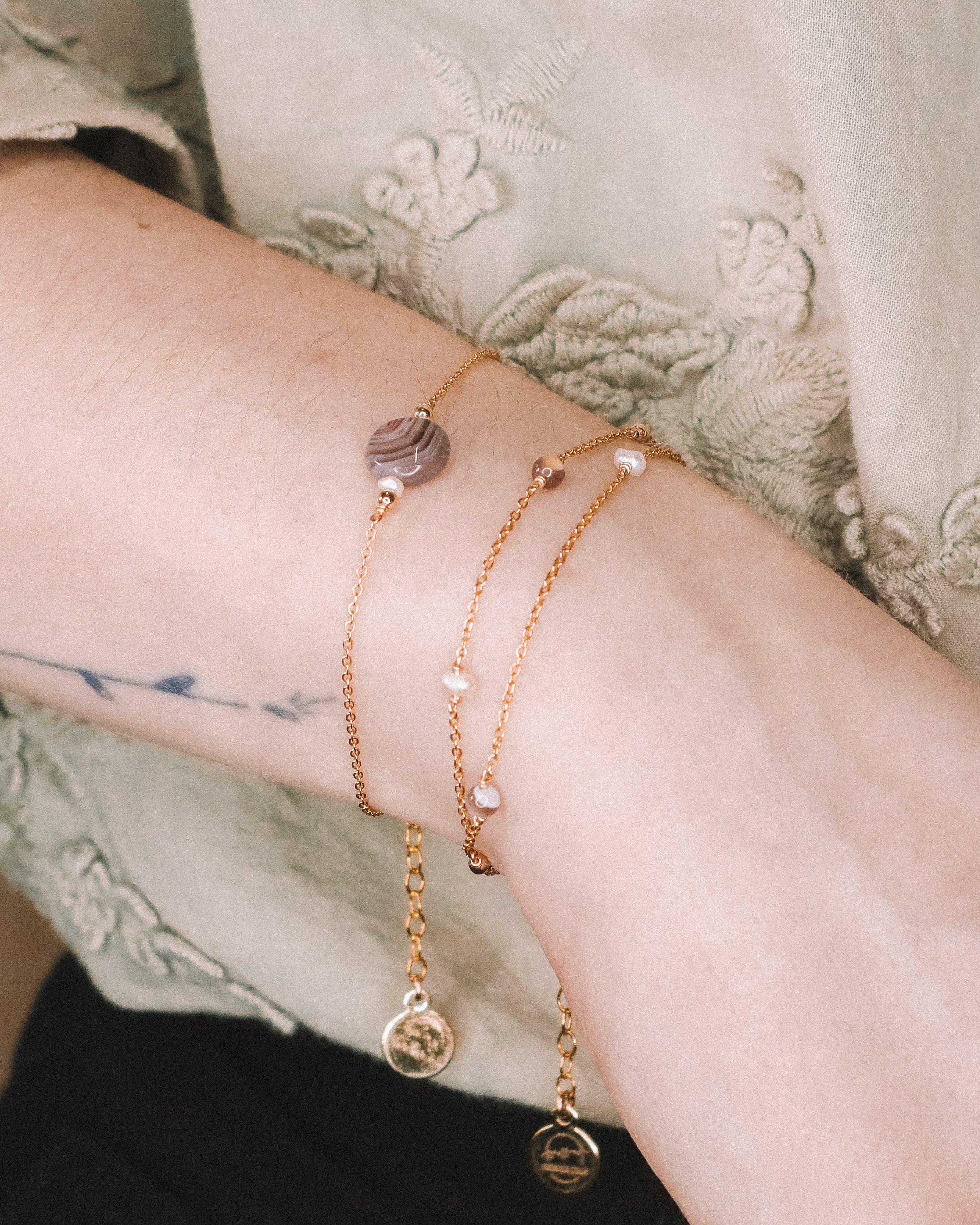 Limbe - bracelet femme double chaine perle de culture agate or ou argent