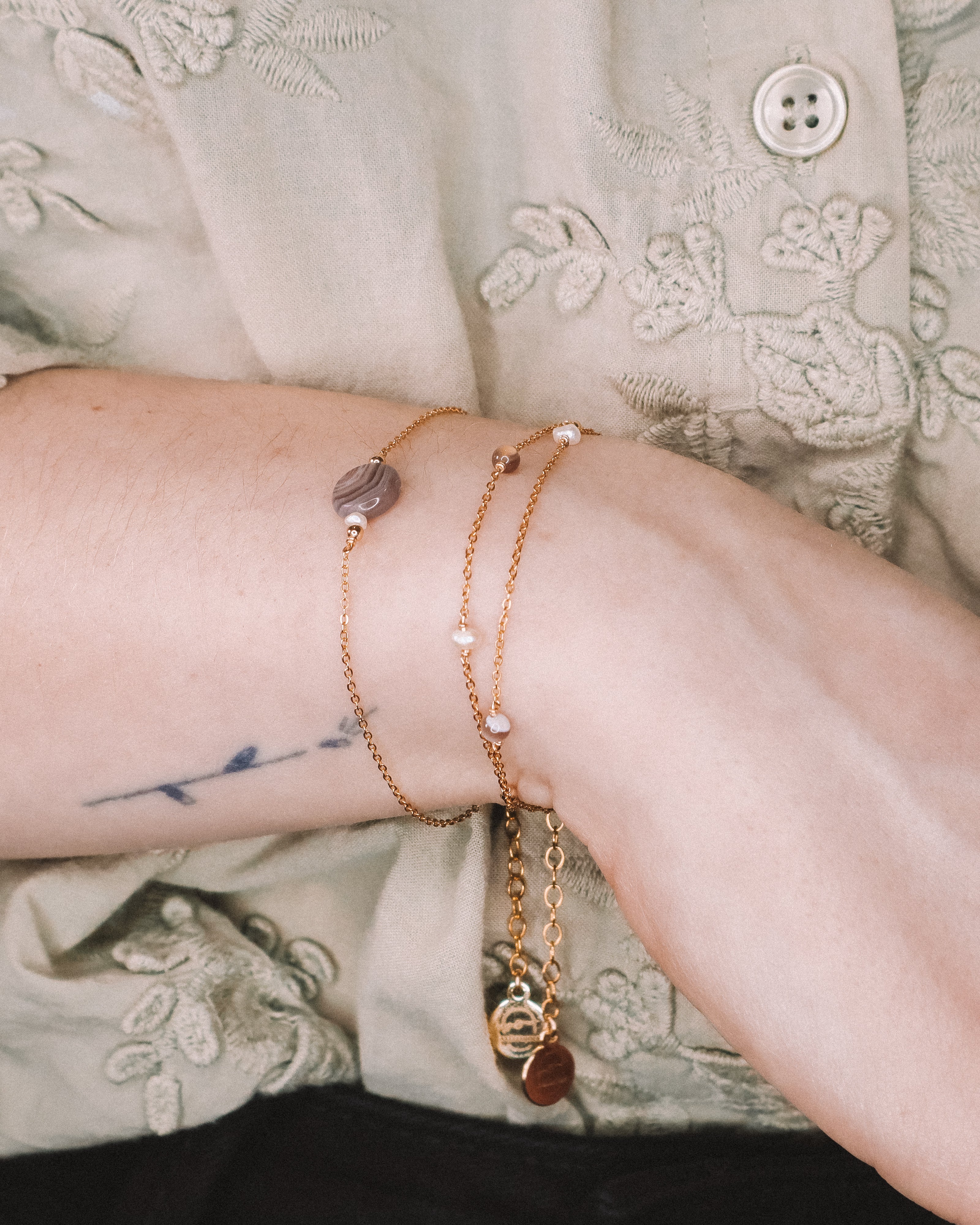 Limbe - bracelet femme double chaine perle de culture agate or ou argent