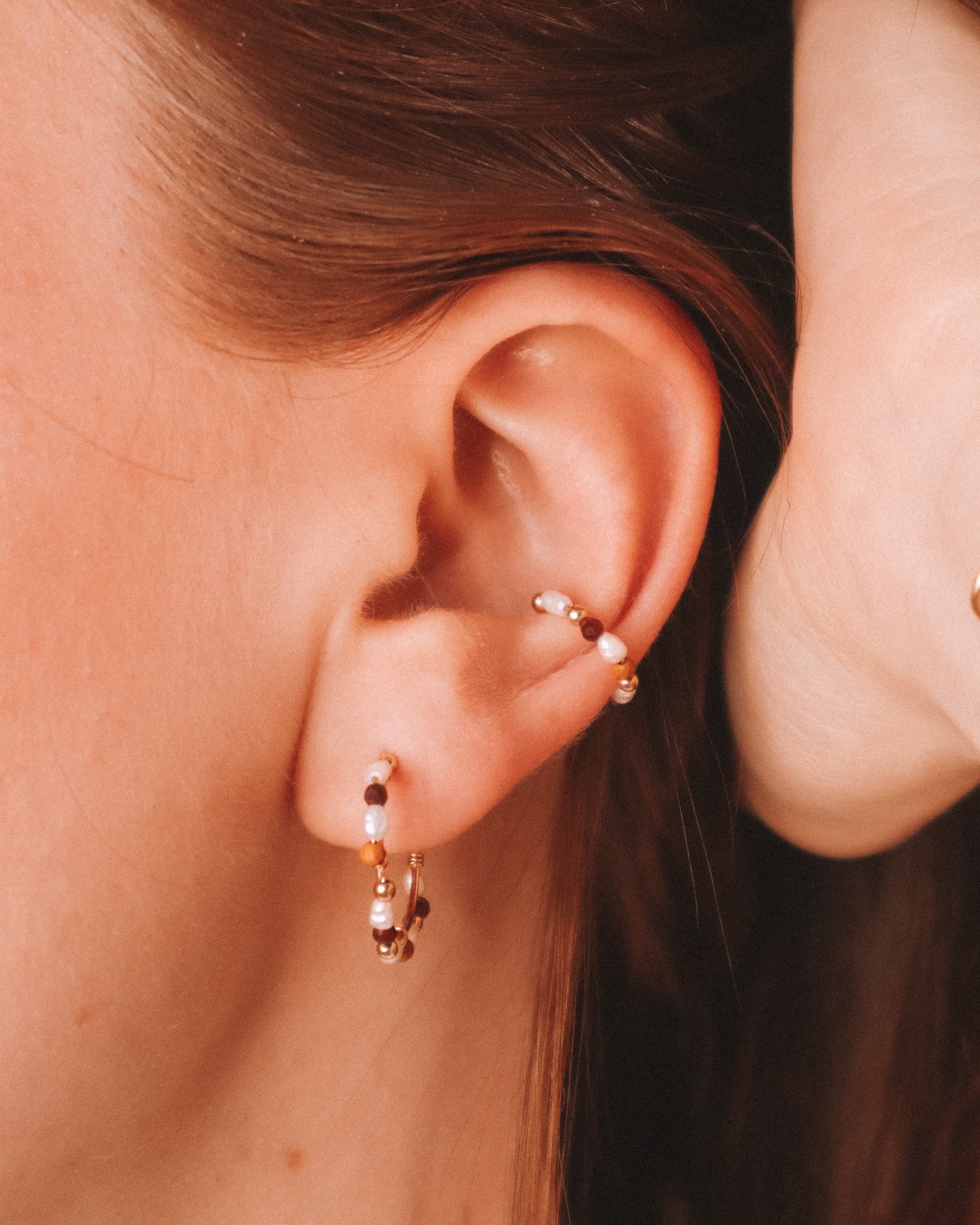 Maria - Faux piercing boucle d'oreille perle de culture jaspe or argent