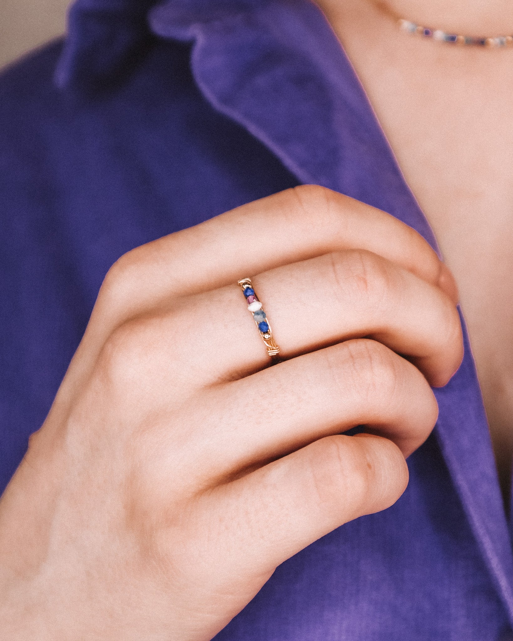 Medusa - Bague multirangs pierres lapis lazuli amethyste perle de culture or ou argent