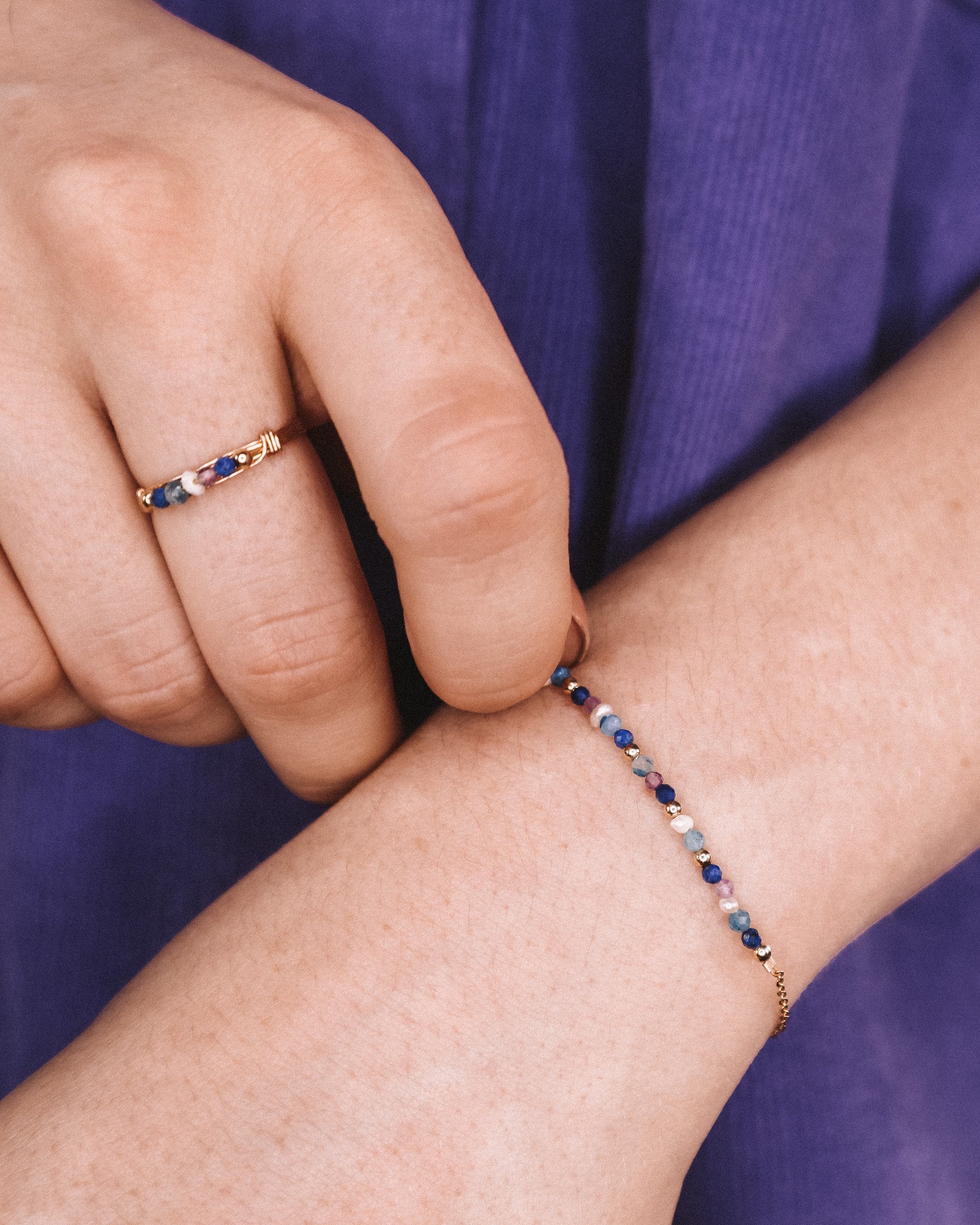 Medusa - Bague multirangs pierres lapis lazuli amethyste perle de culture or ou argent