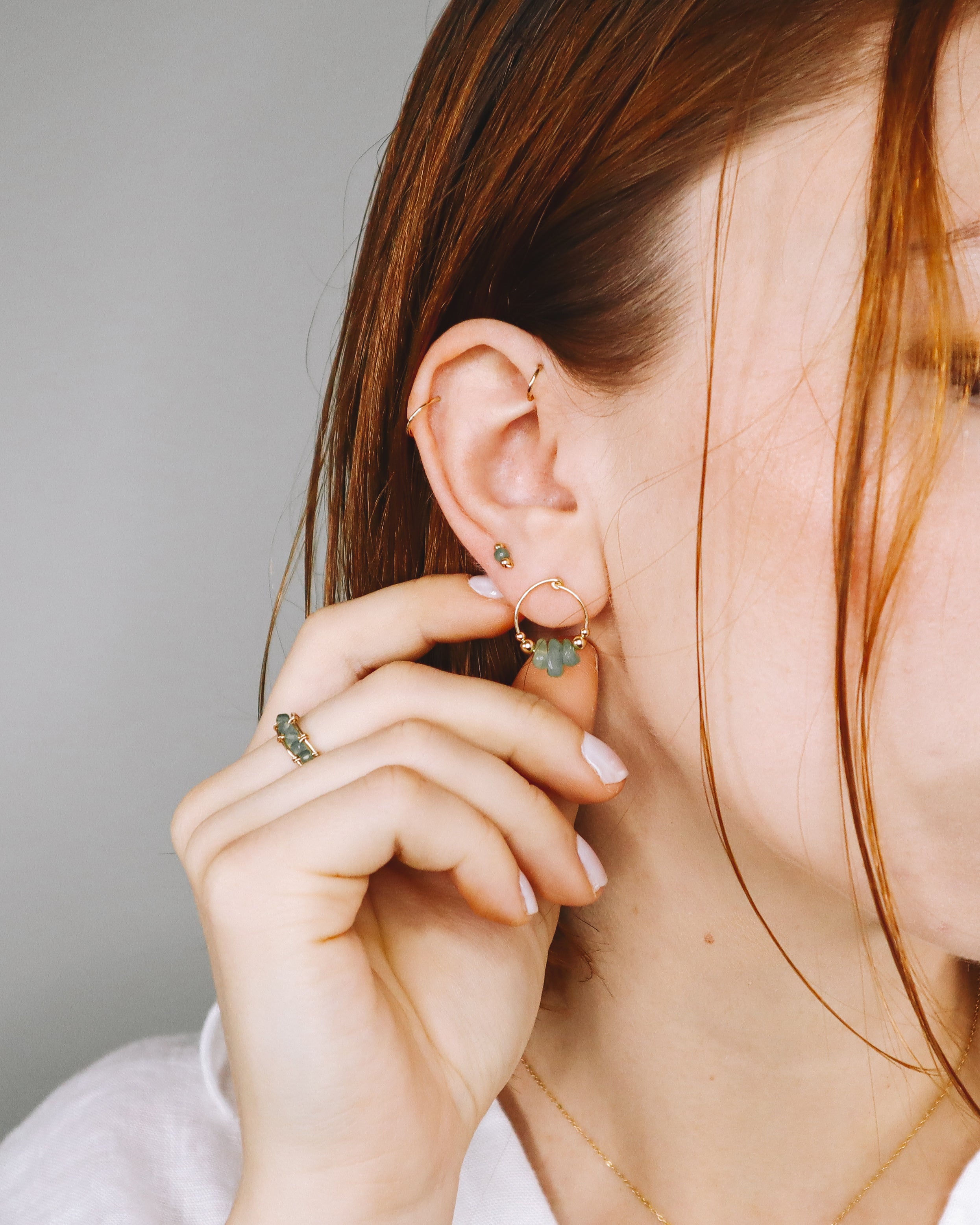 Nahon vert - Boucles d'oreilles femme puces rondes aventurine verte or argent