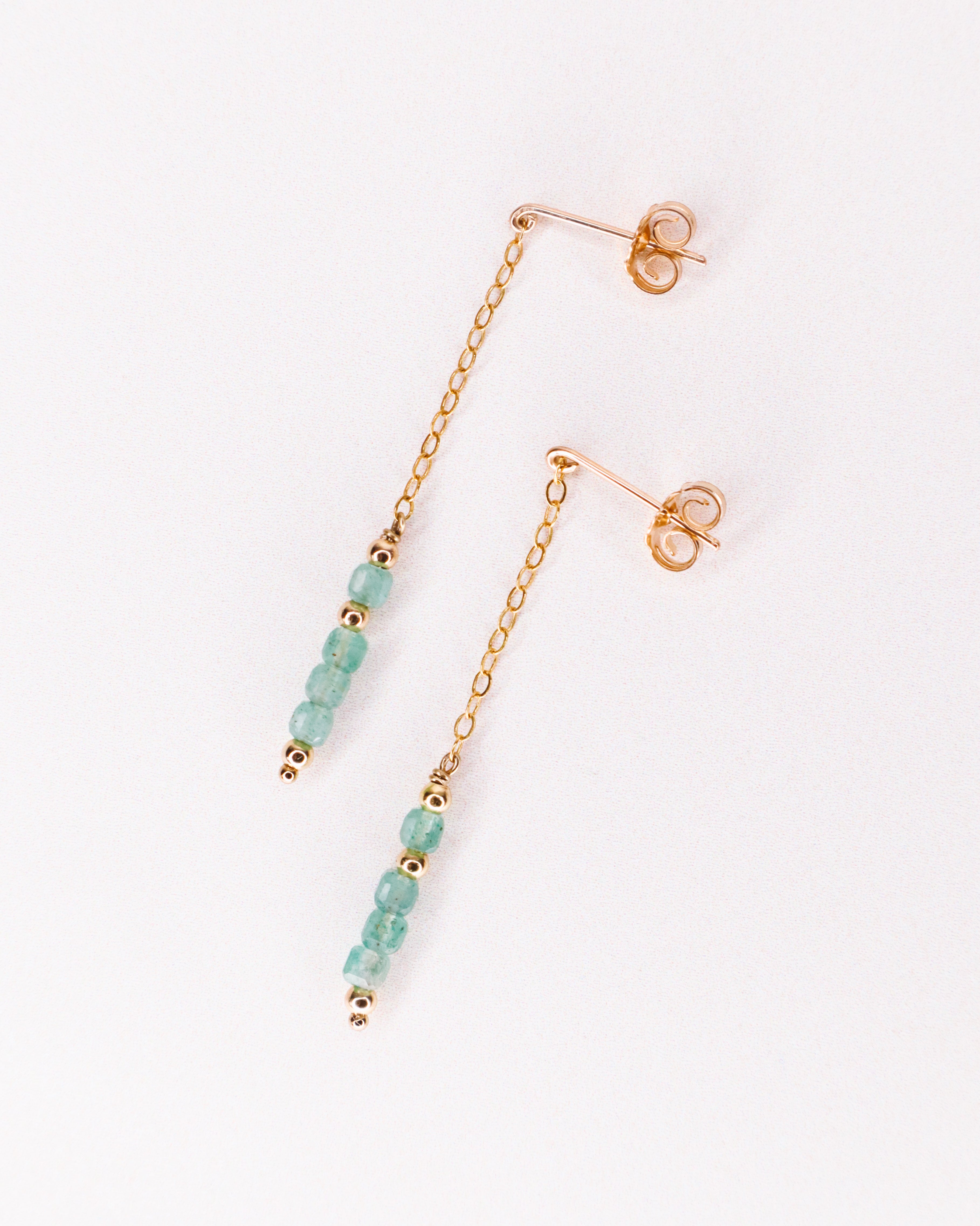 Taravo vert - Boucles d'oreilles puces chainettes aventurine verte or ou argent