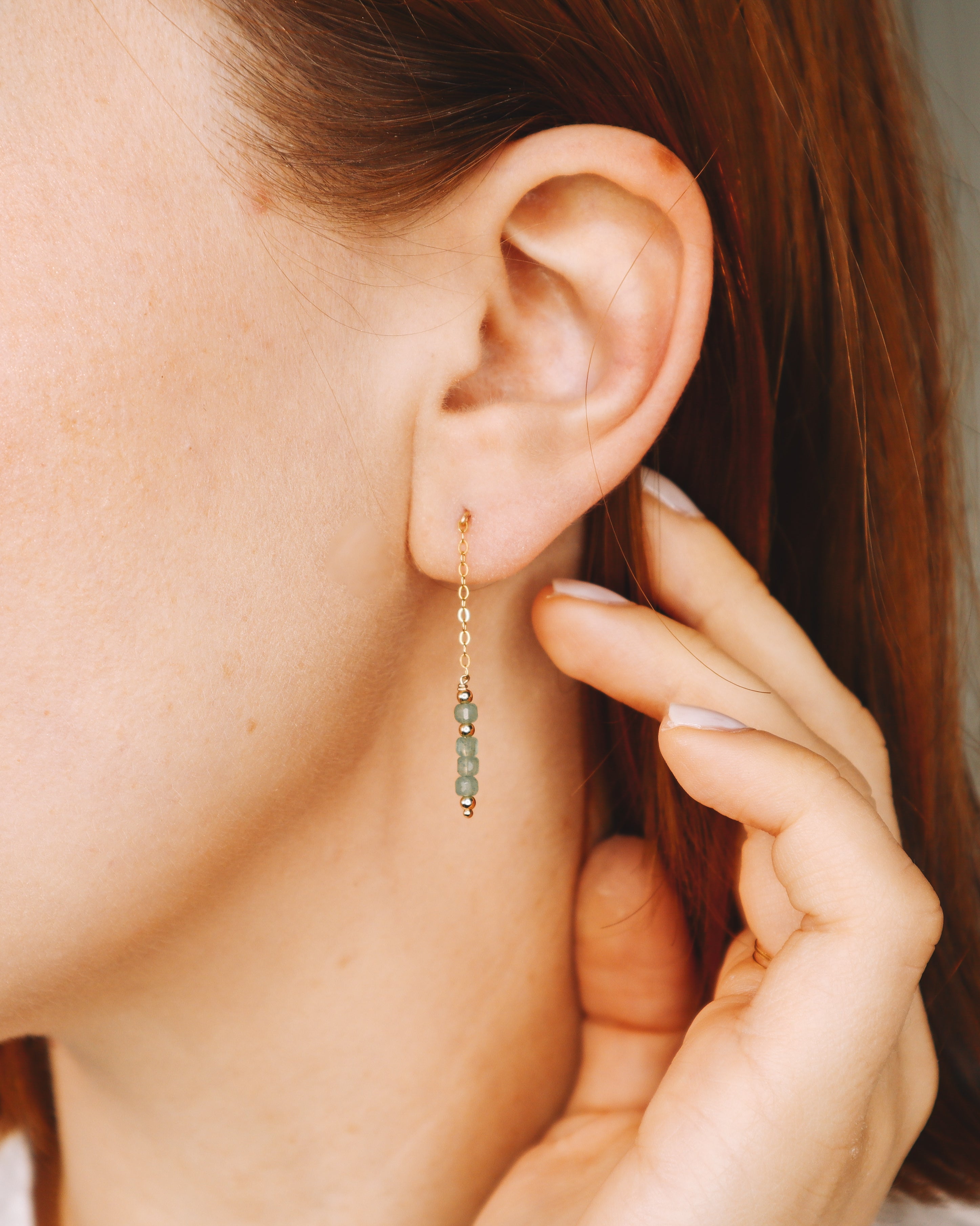 Taravo vert - Boucles d'oreilles puces chainettes aventurine verte or ou argent