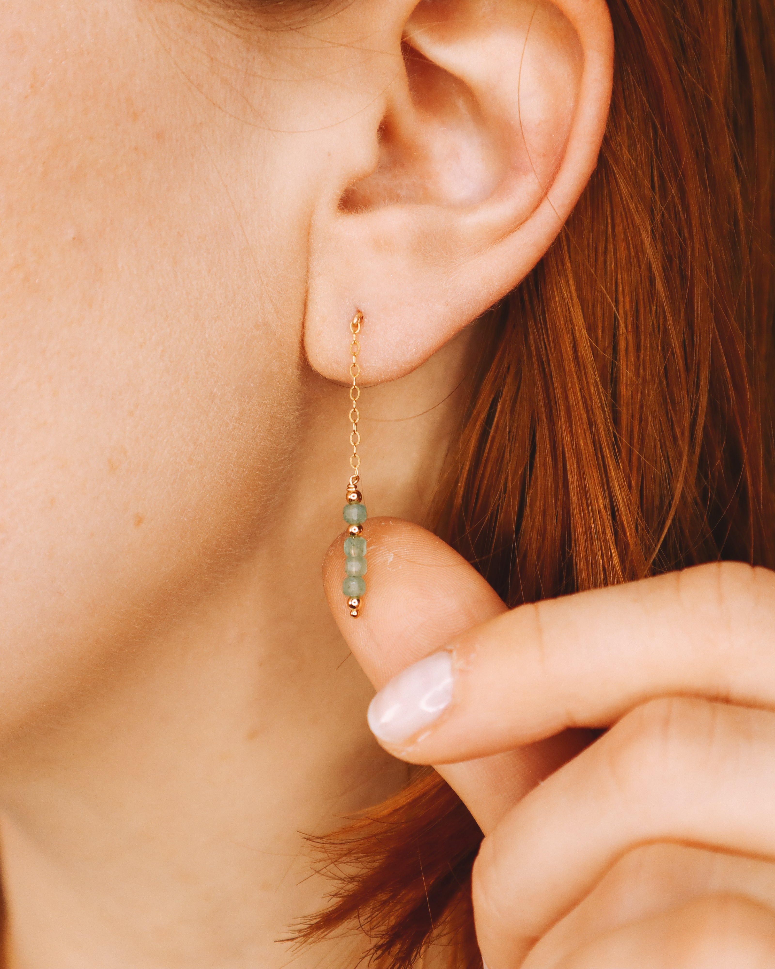Taravo vert - Boucles d'oreilles puces chainettes aventurine verte or ou argent