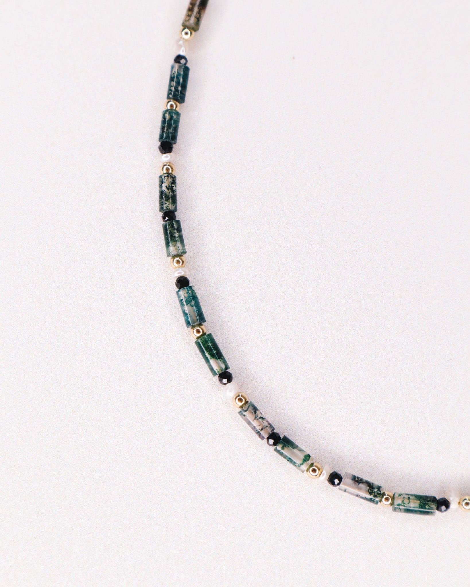 Yezidis vert - Collier court pierres homme agate mousse verte or argent