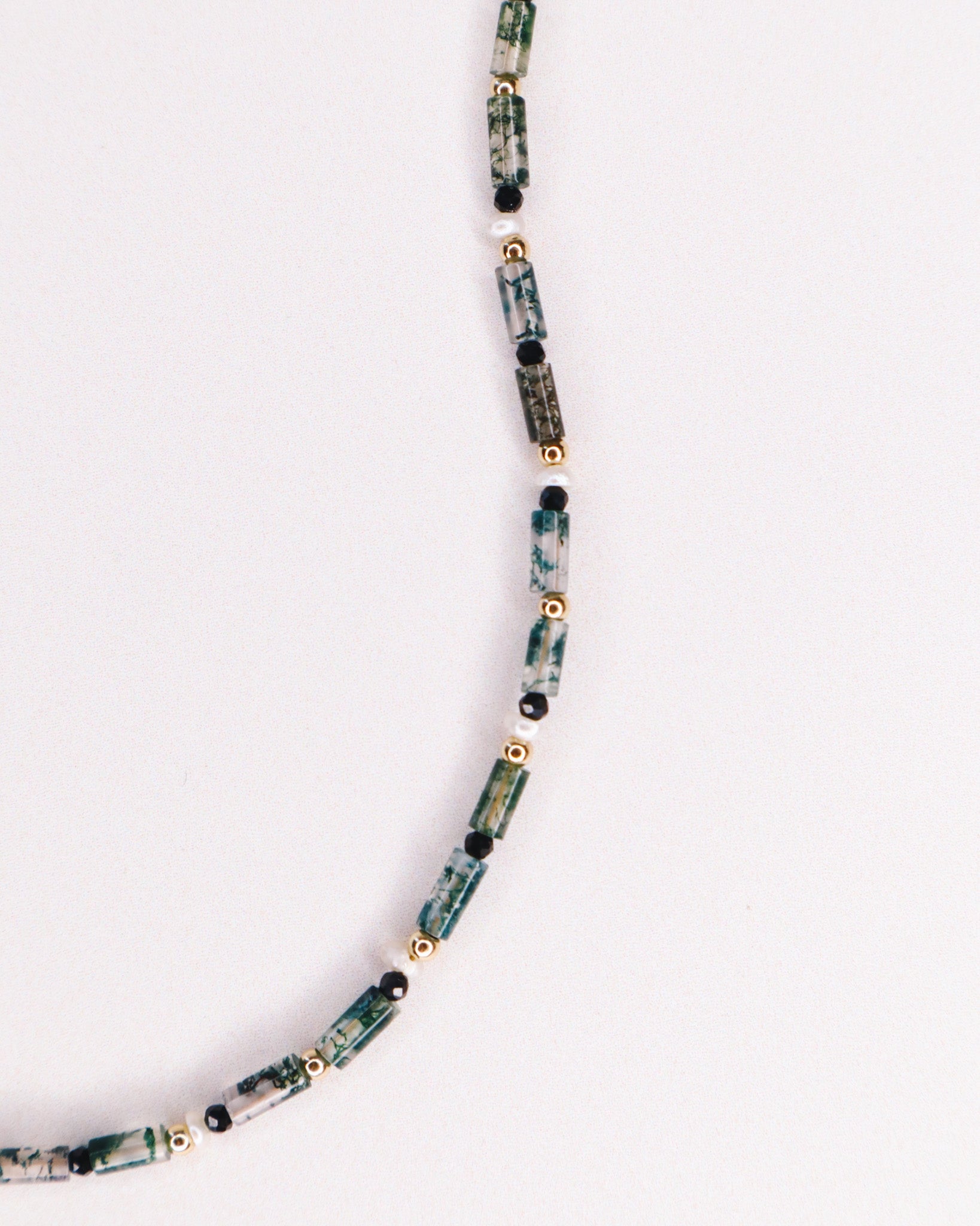 Yezidis vert - Collier court pierres homme agate mousse verte or argent