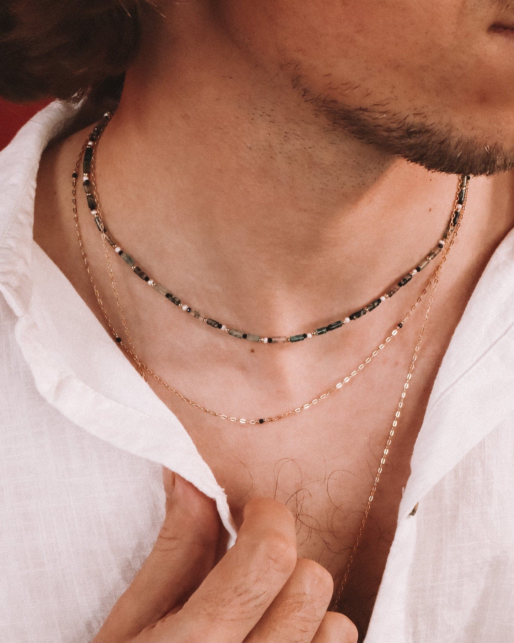 Yezidis vert - Collier court pierres homme agate mousse verte or argent