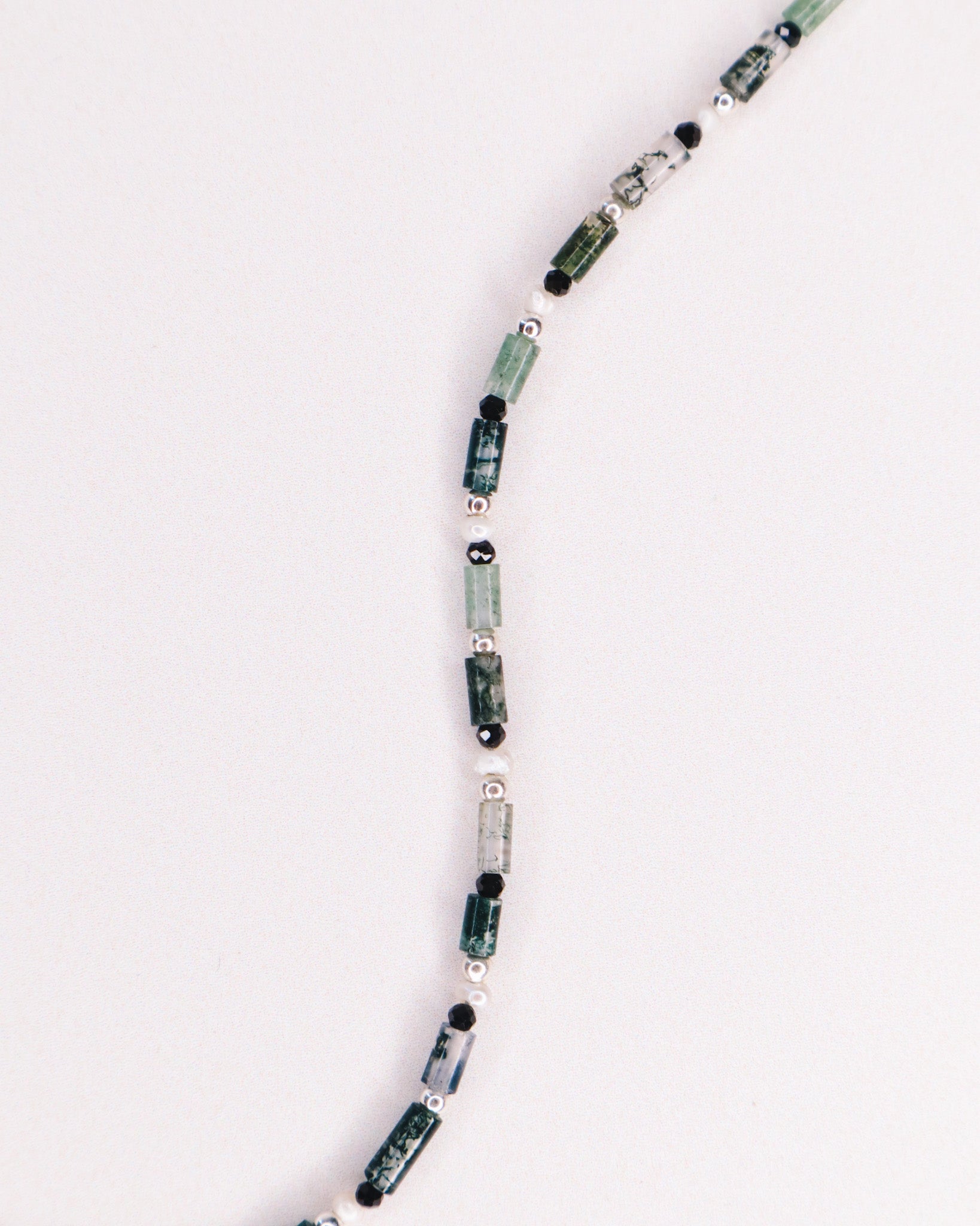 Yezidis vert - Collier court pierres homme agate mousse verte or argent