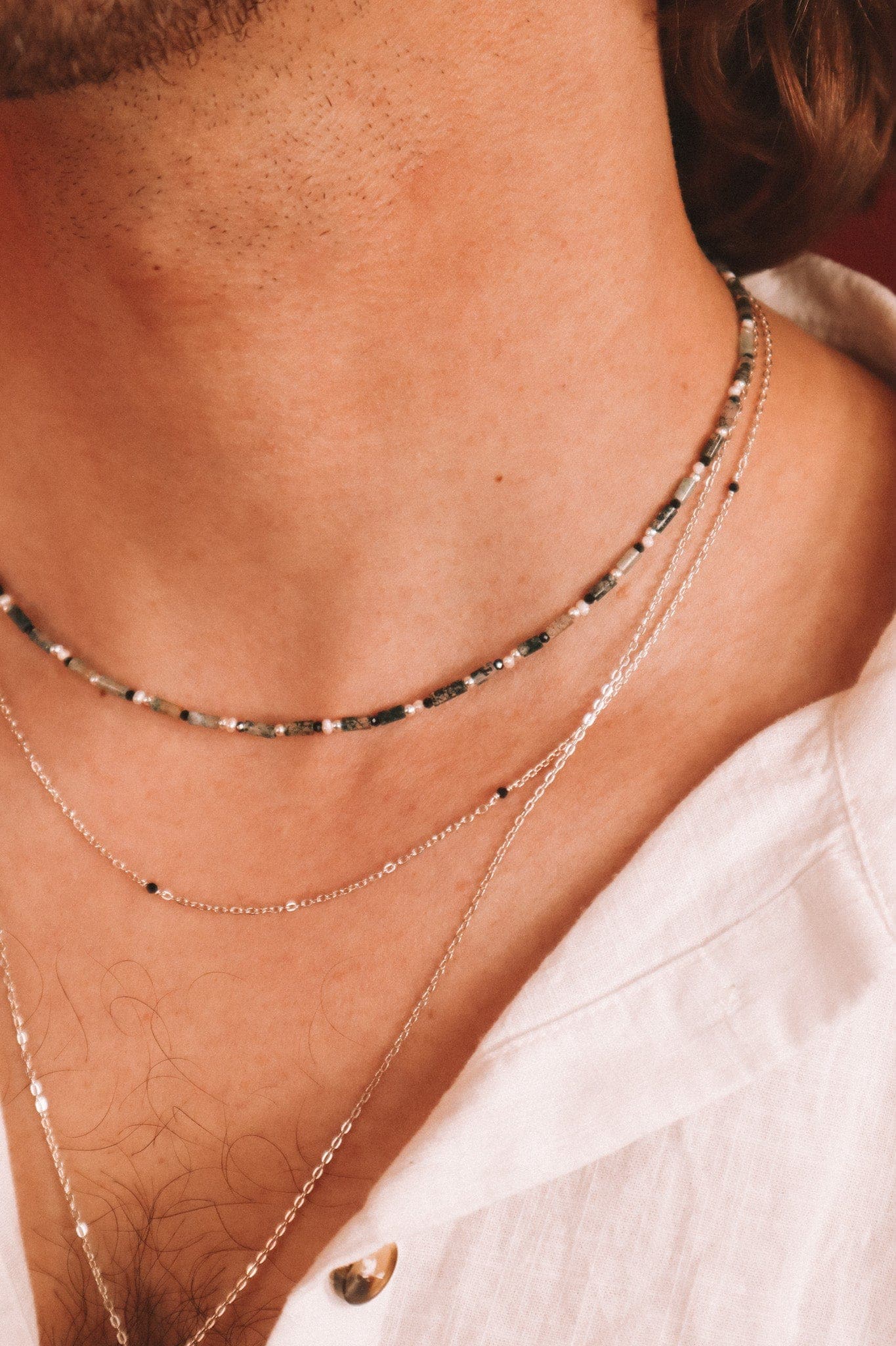 Yezidis vert - Collier court pierres homme agate mousse verte or argent