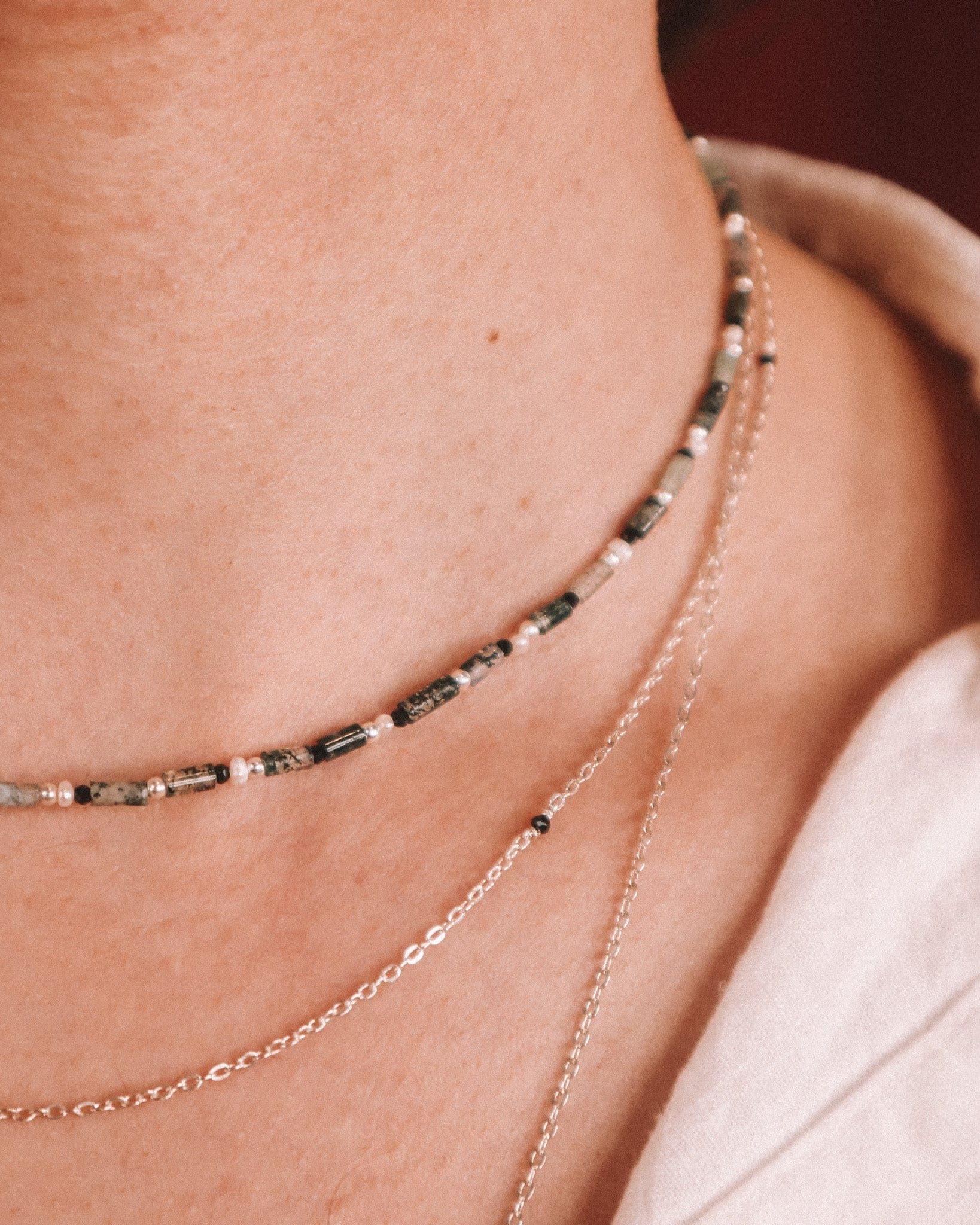Yezidis vert - Collier court pierres homme agate mousse verte or argent