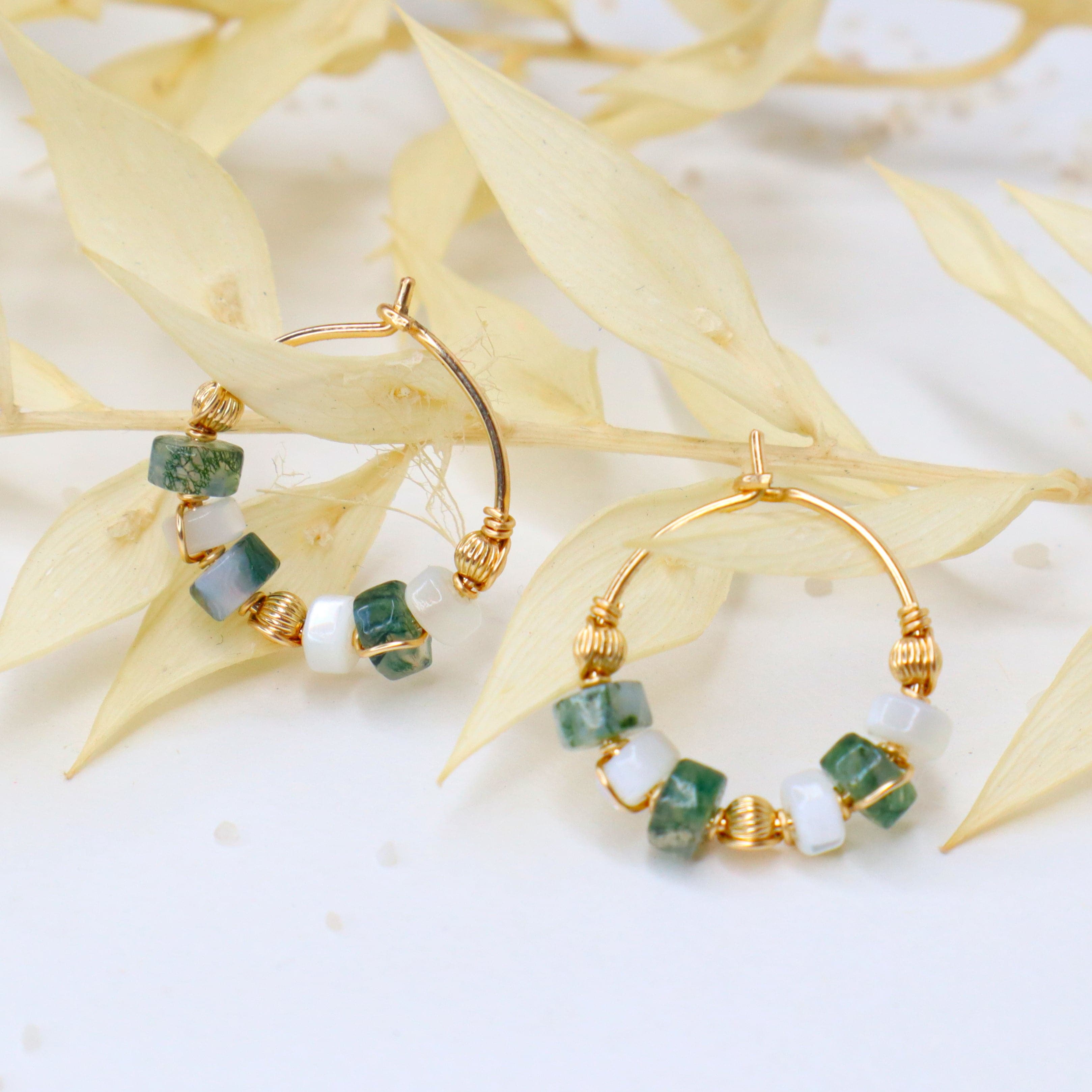 Olympe - Boucles d'oreilles femme creoles nacre agate mousse or argent