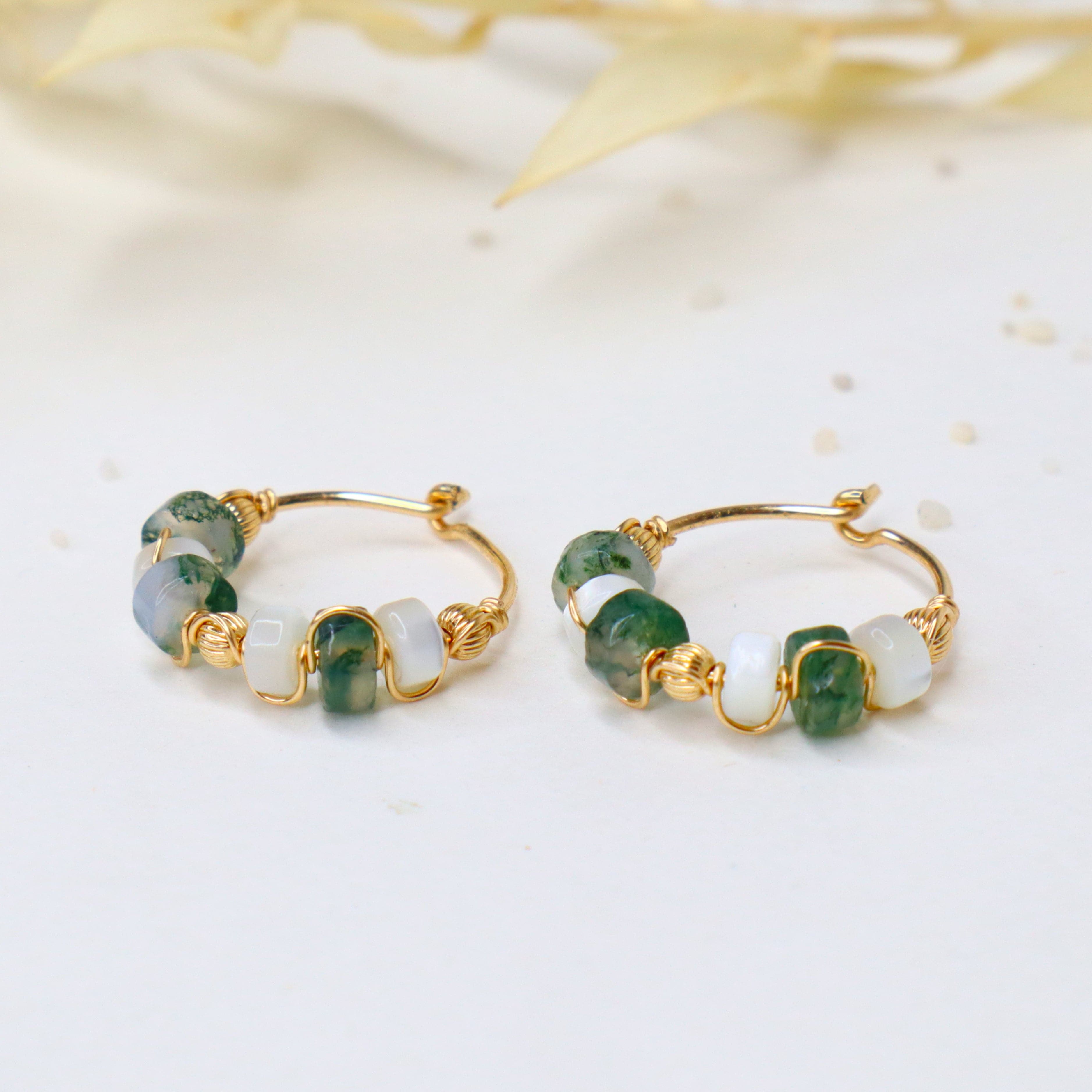 Olympe - Boucles d'oreilles femme creoles nacre agate mousse or argent