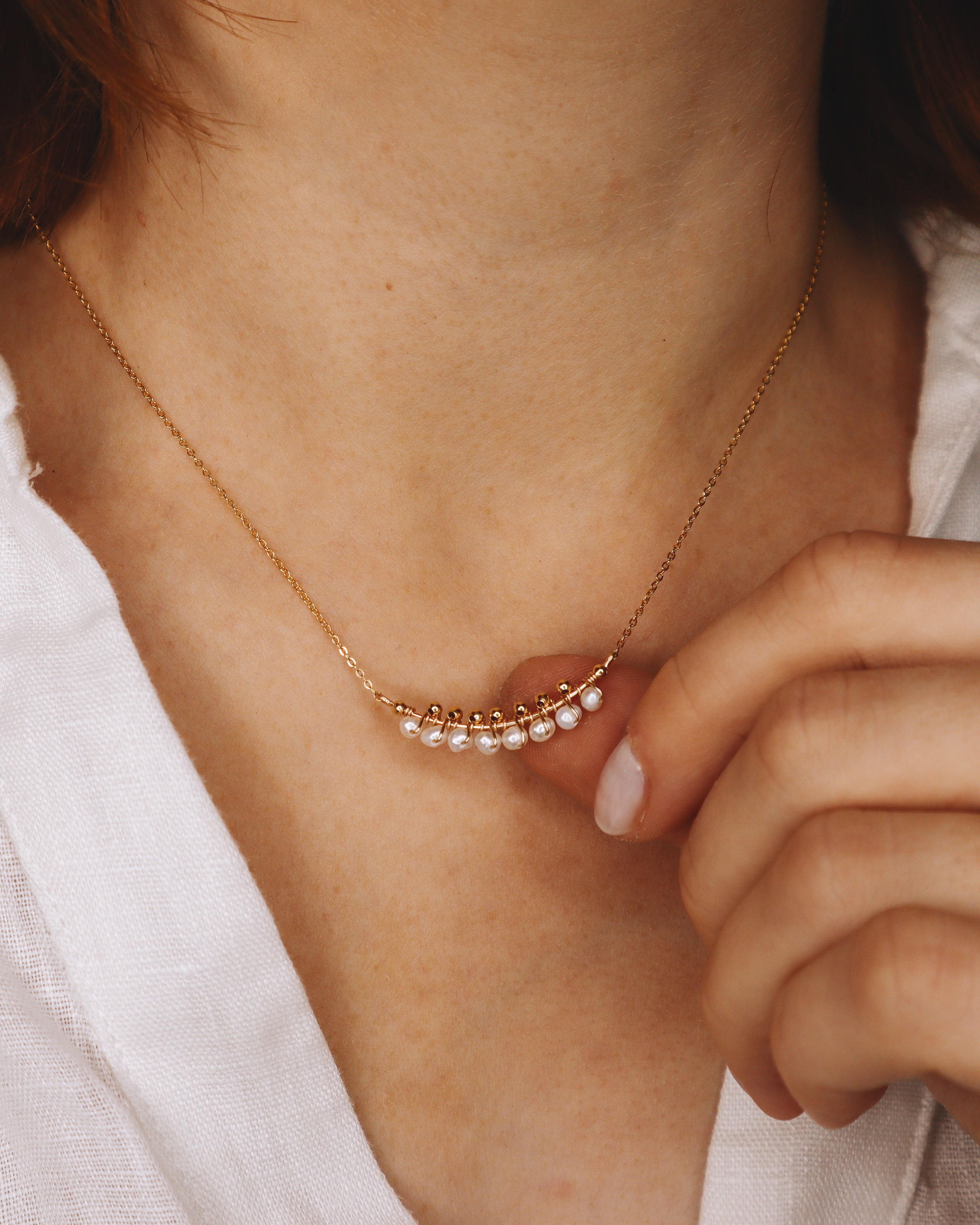 Aulne blanc - Collier femme tissage perles de culture or ou argent 
