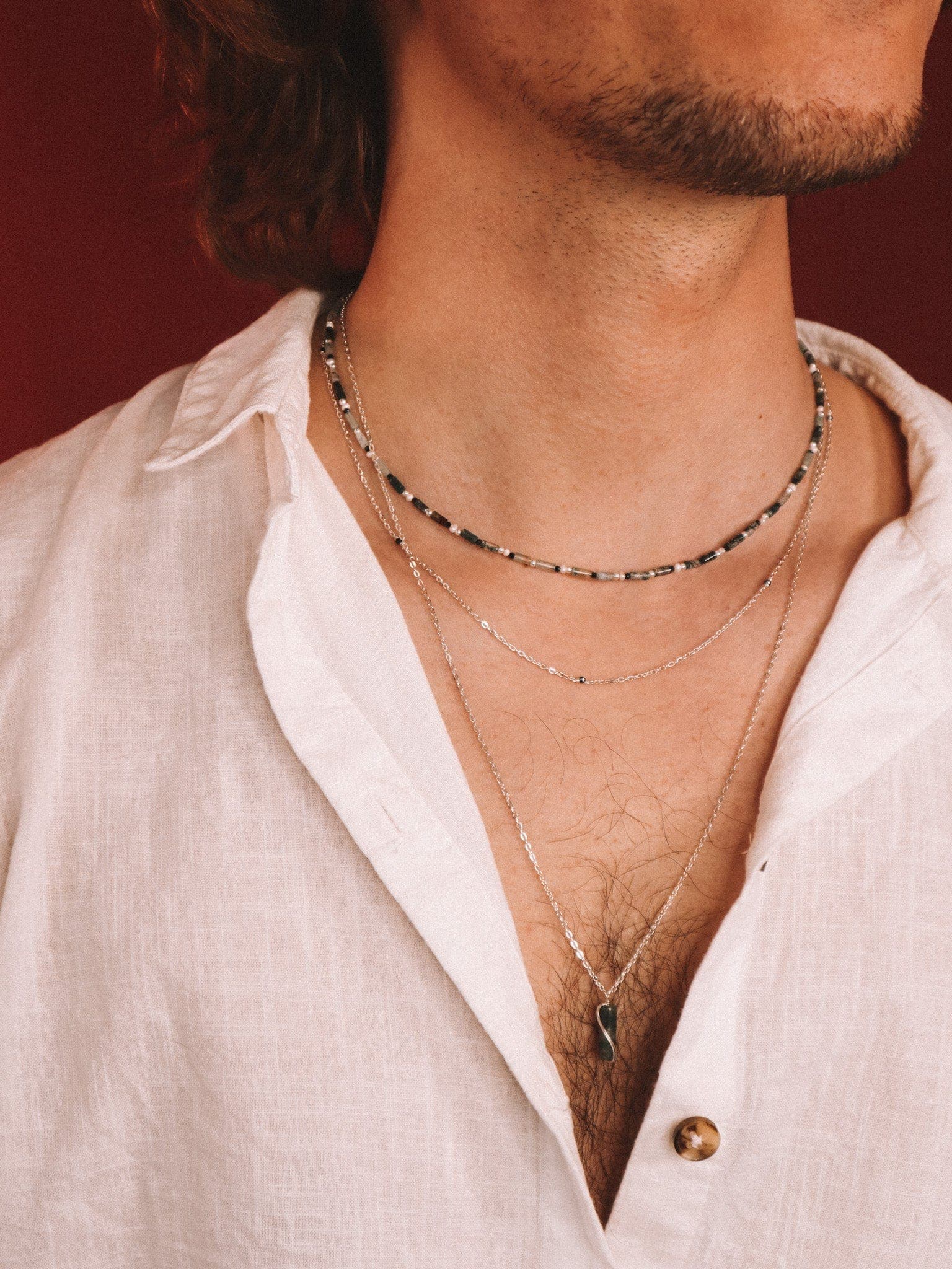 Azeris - Collier pendentif homme pierre agate mousse verte or ou argent 
