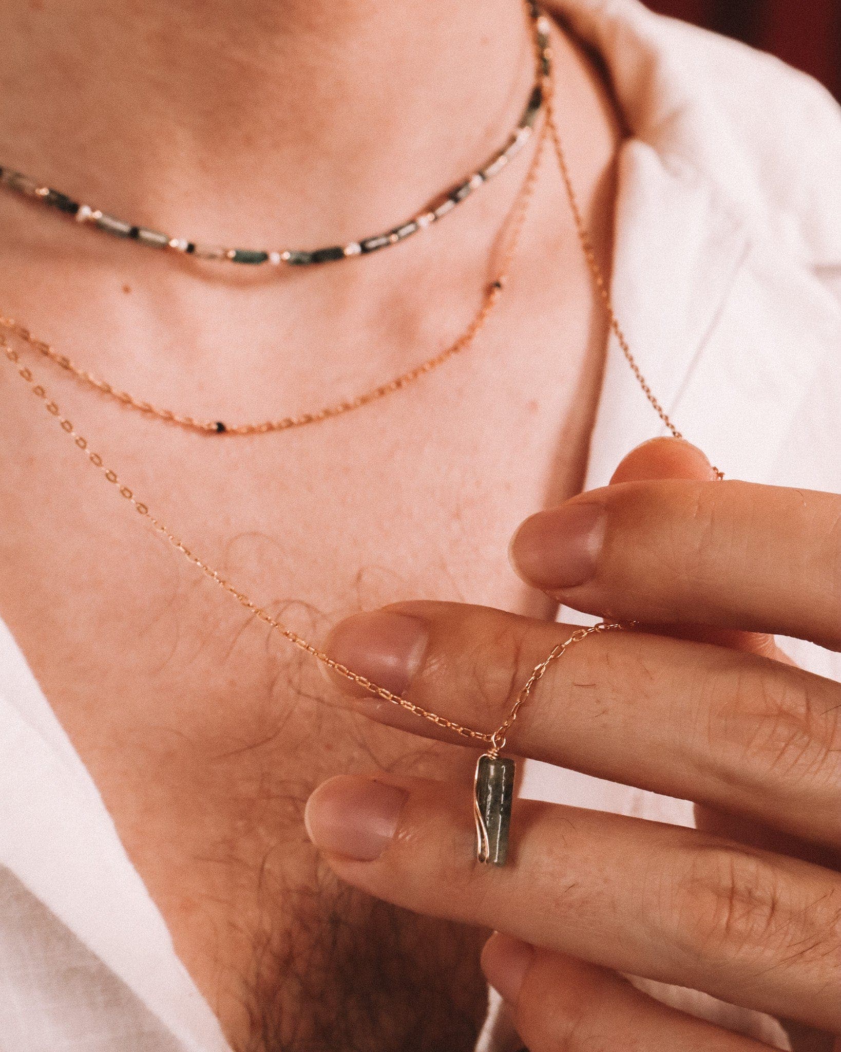 Azeris - Collier pendentif homme pierre agate mousse verte or ou argent 