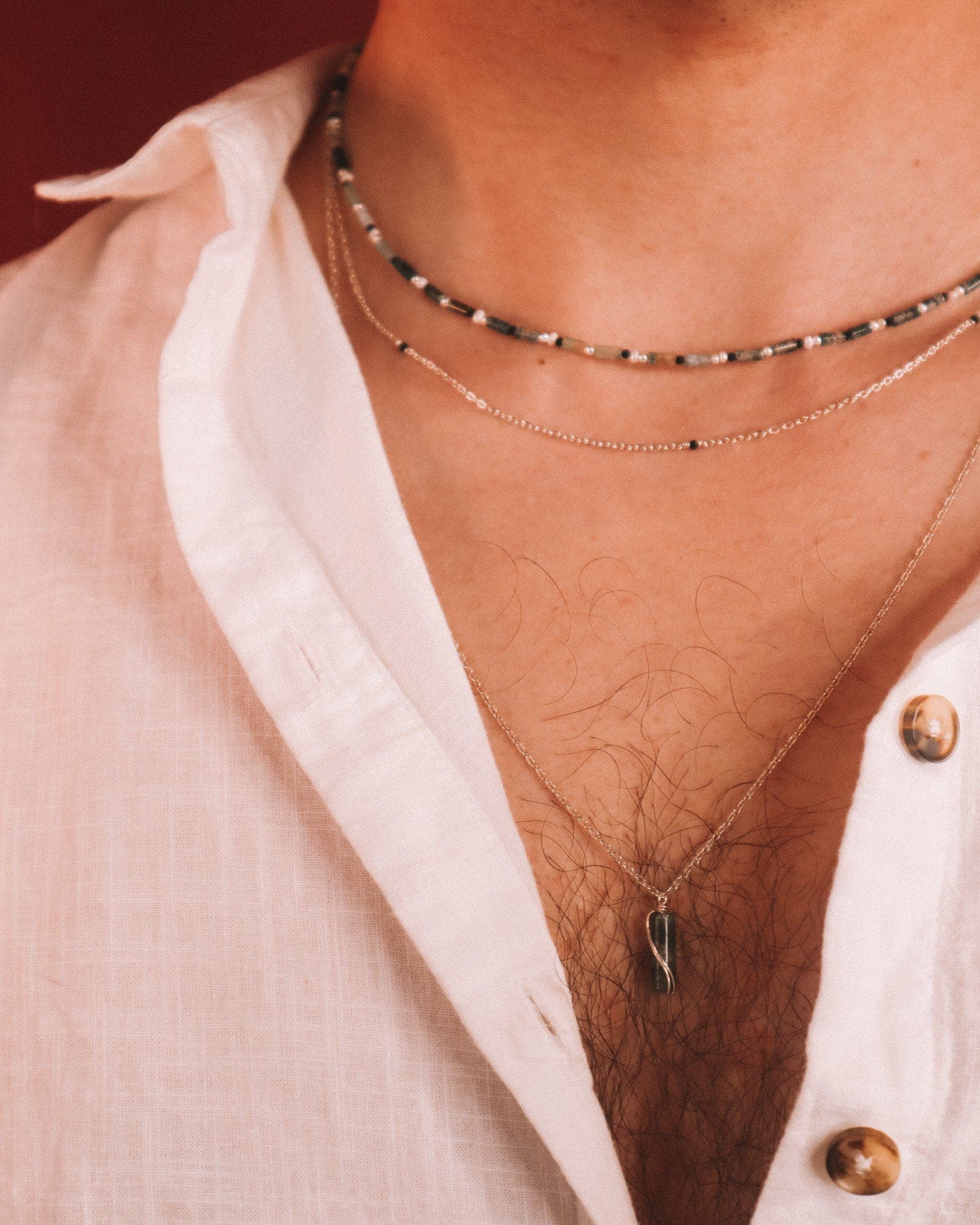 Azeris - Collier pendentif homme pierre agate mousse verte or ou argent 