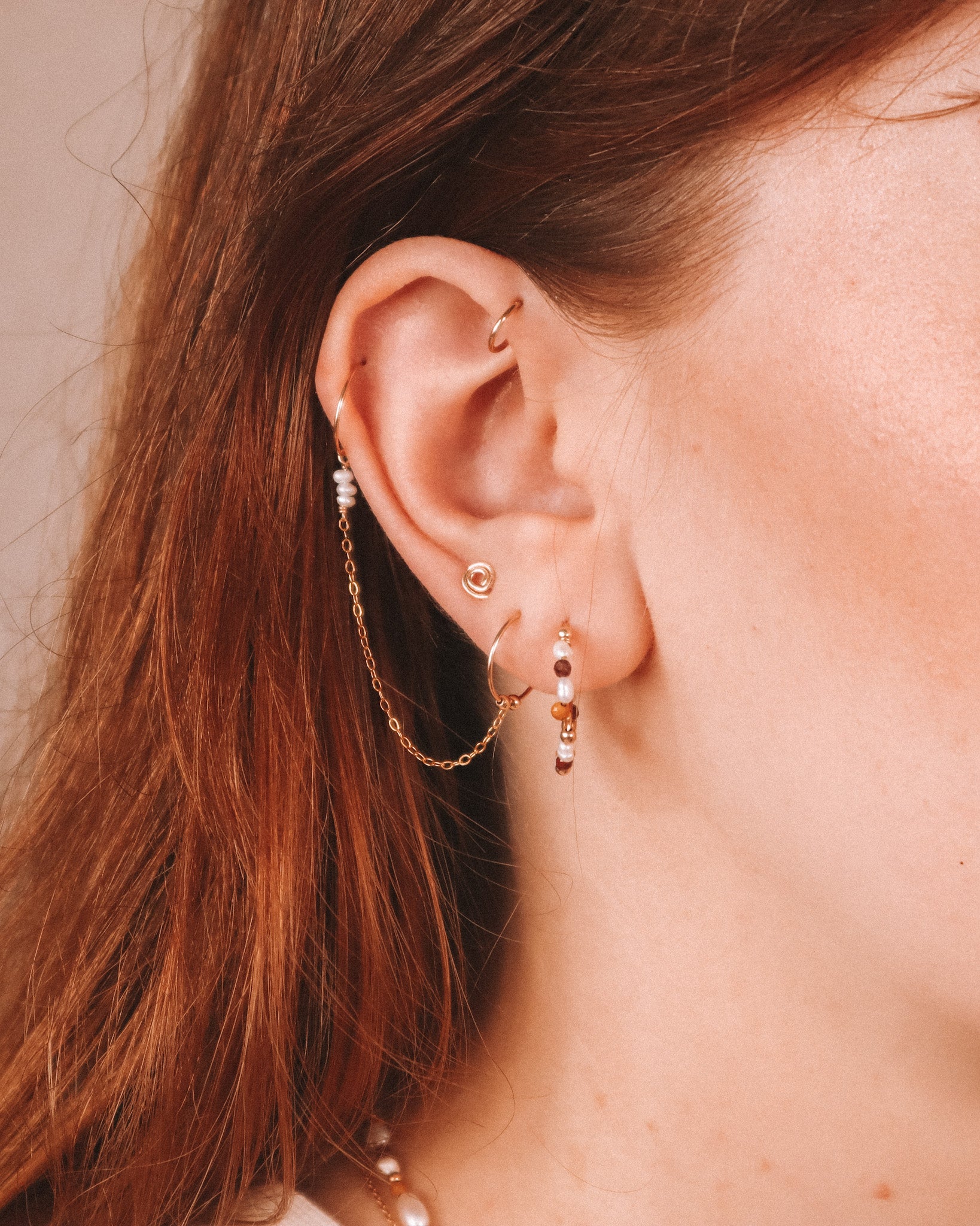 Certosa - Piercing boucles d'oreilles créoles jumelles chaine perle de culture or argent 