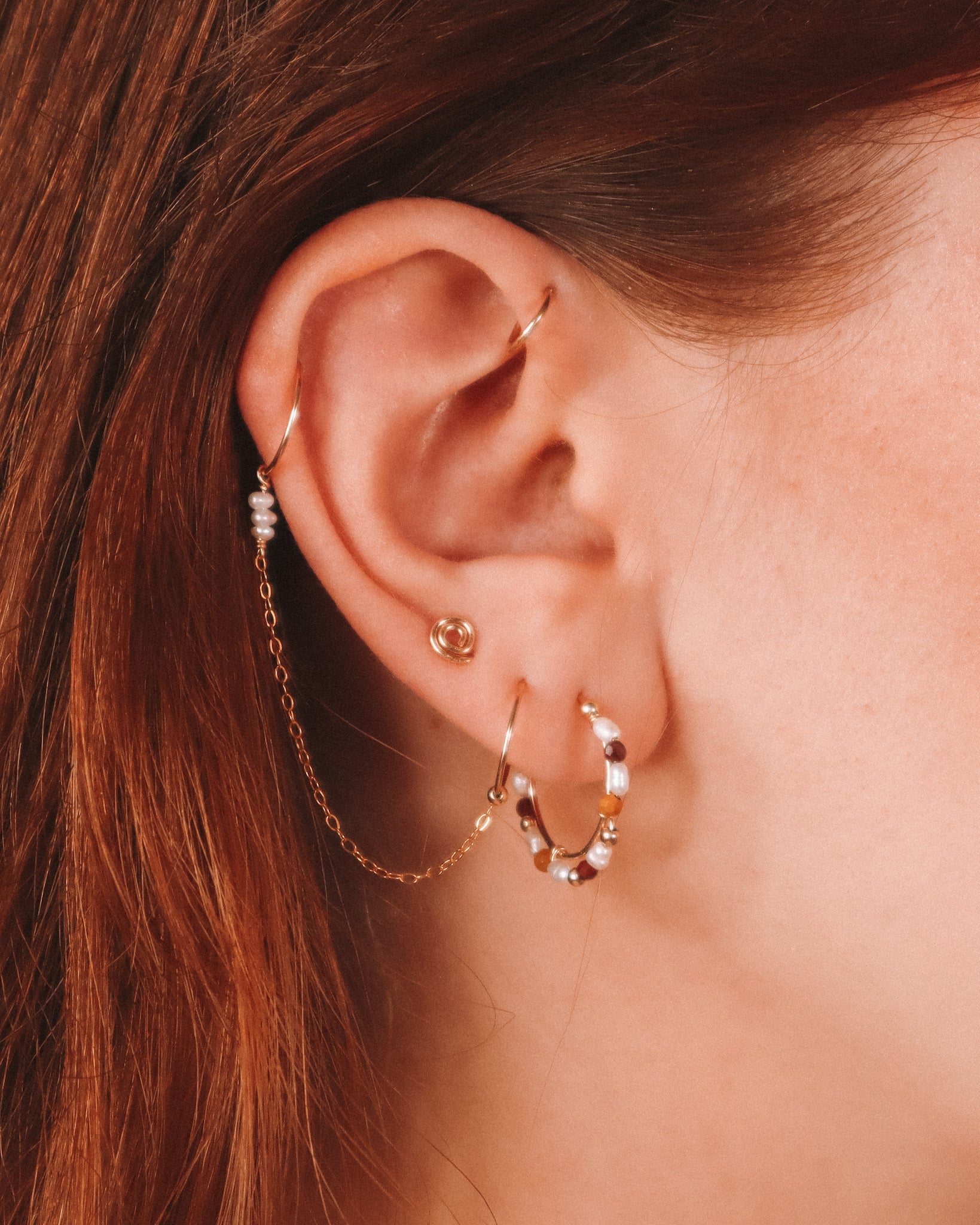 Certosa - Piercing boucles d'oreilles créoles jumelles chaine perle de culture or argent 