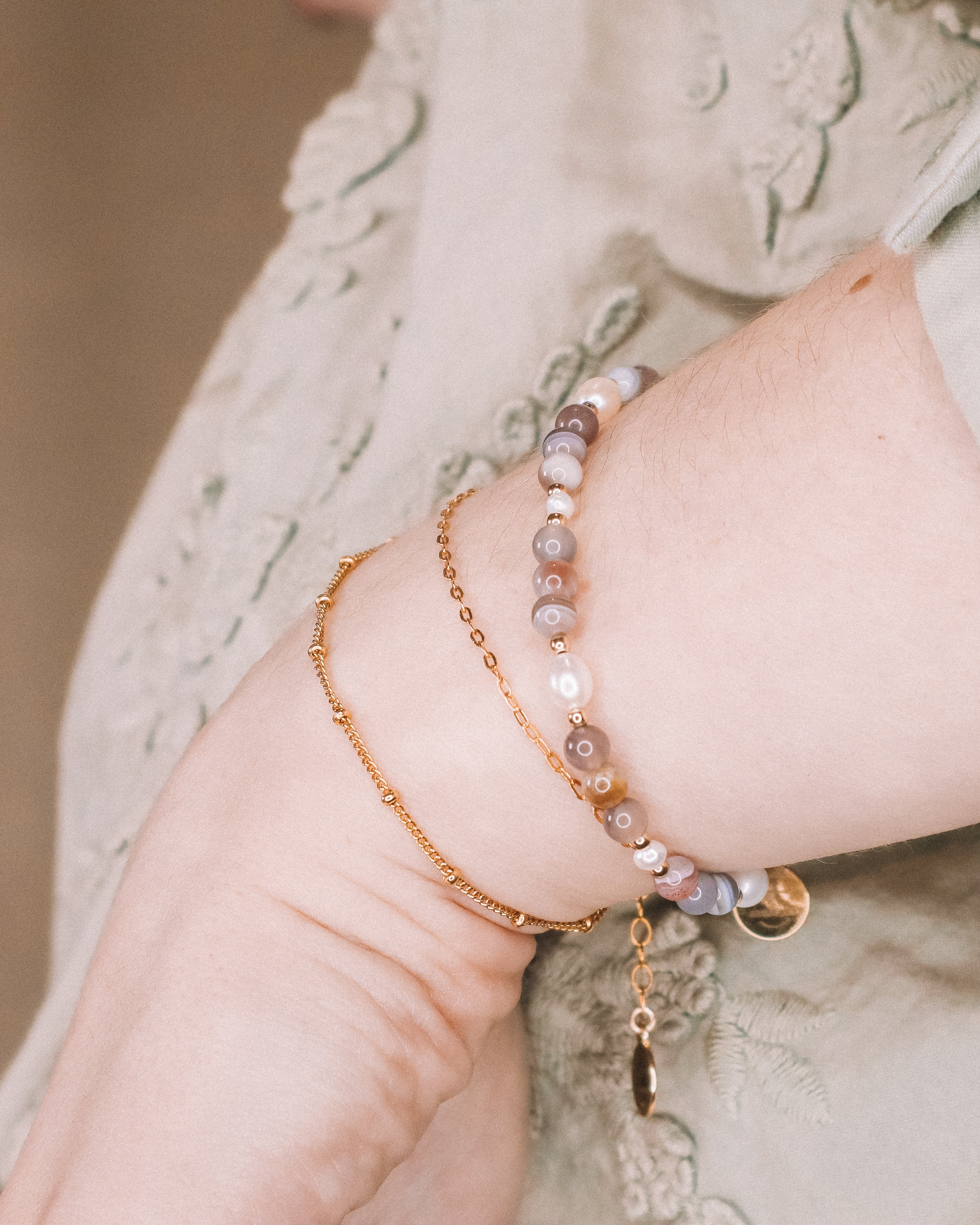 Iya - Bracelet perles femme agate botswana perle de culture or argent 