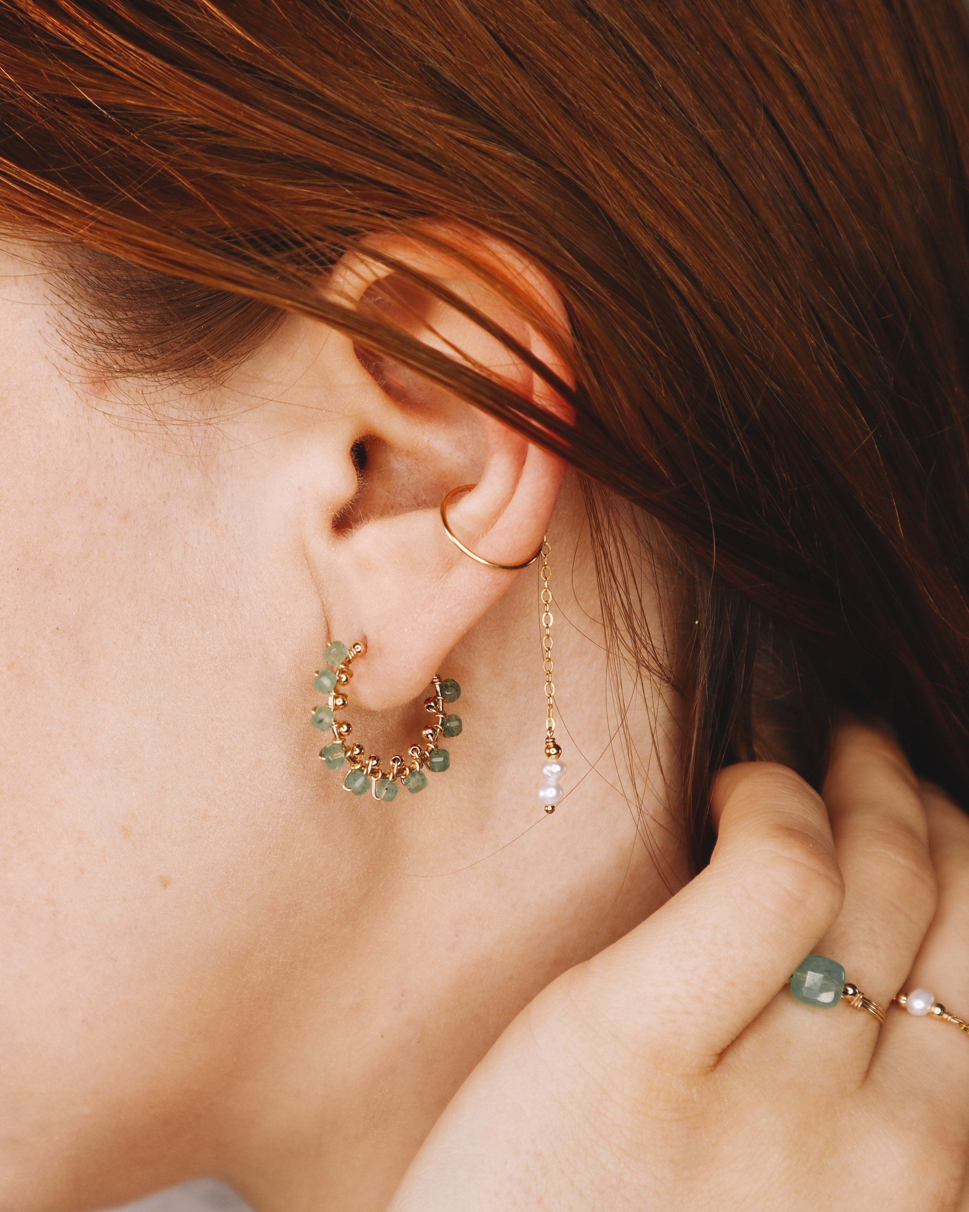 Liamone vert - Grandes boucles d'oreilles creoles tissees aventurines vertes or et argent 