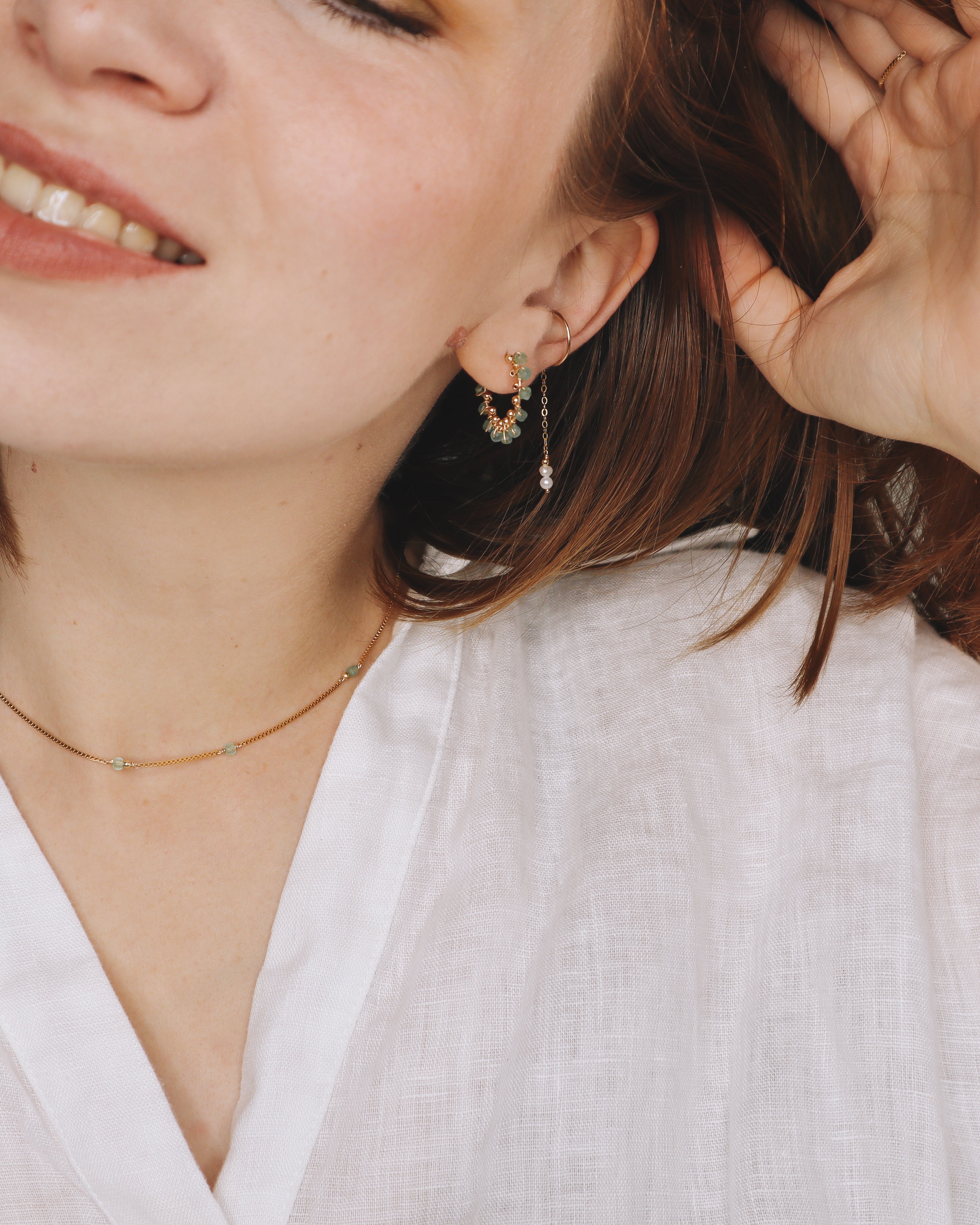 Liamone vert - Grandes boucles d'oreilles creoles tissees aventurines vertes or et argent 