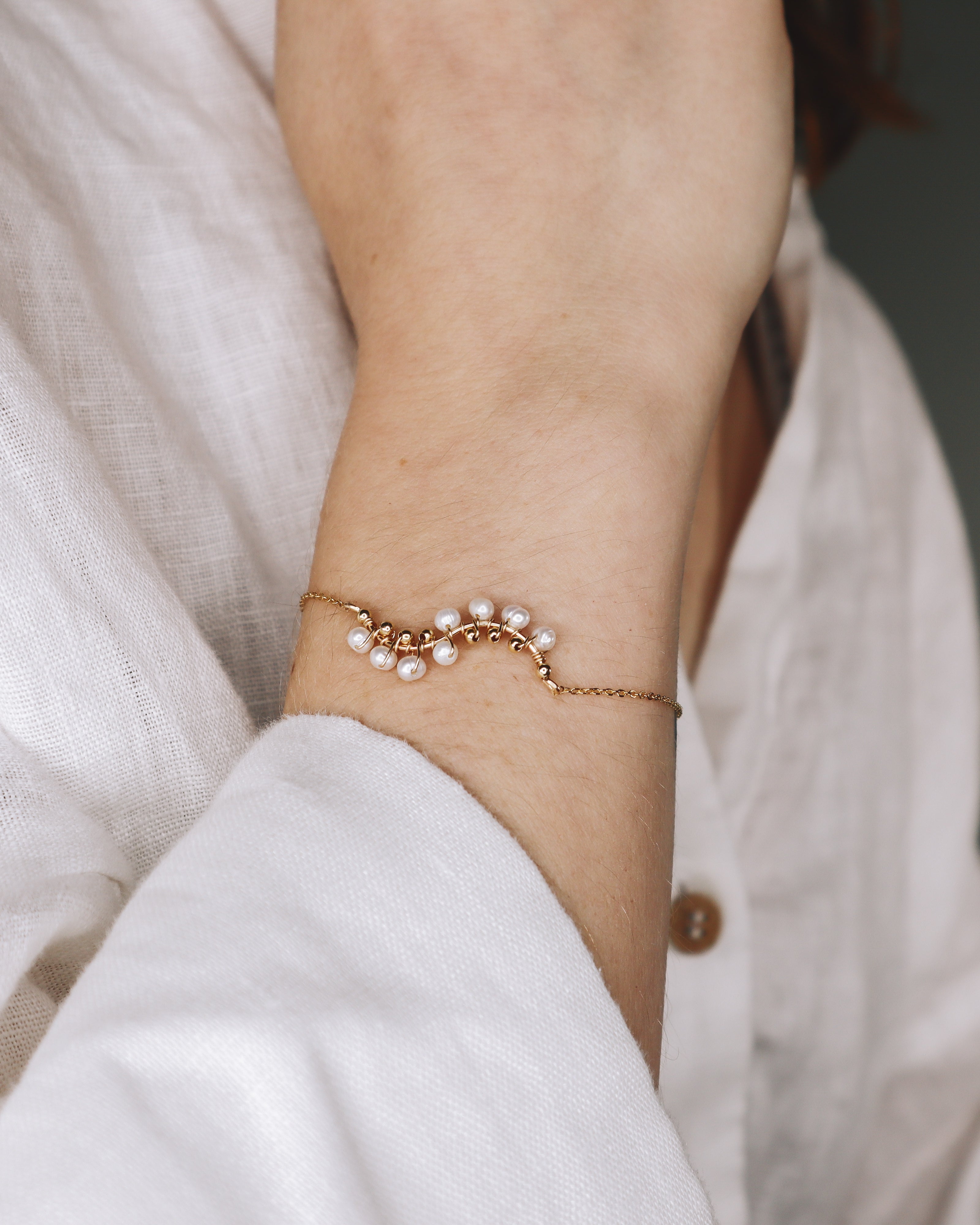 Lys blanc - Bracelet femme elegant tissage perle de culture or argent 