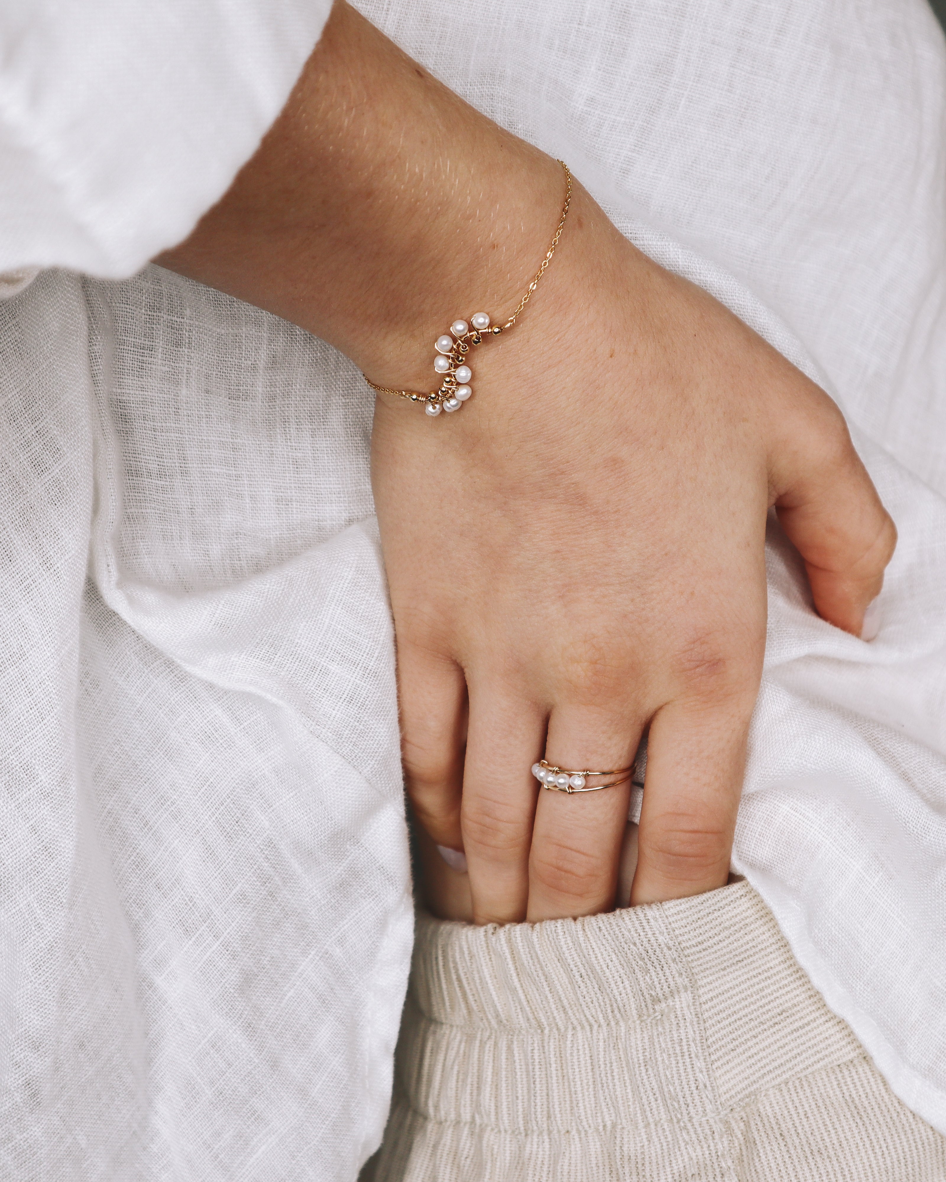 Lys blanc - Bracelet femme elegant tissage perle de culture or argent 