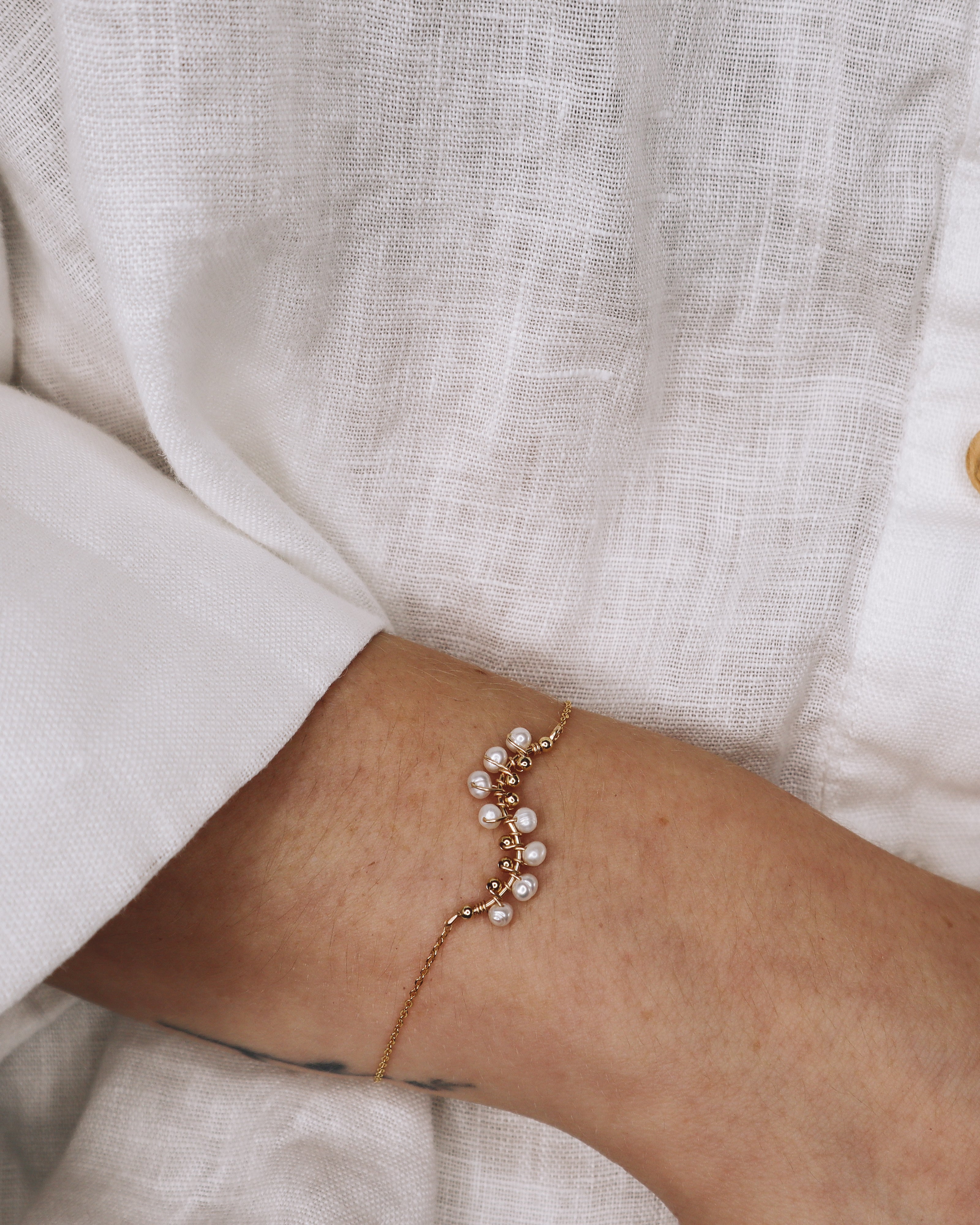 Lys blanc - Bracelet femme elegant tissage perle de culture or argent 