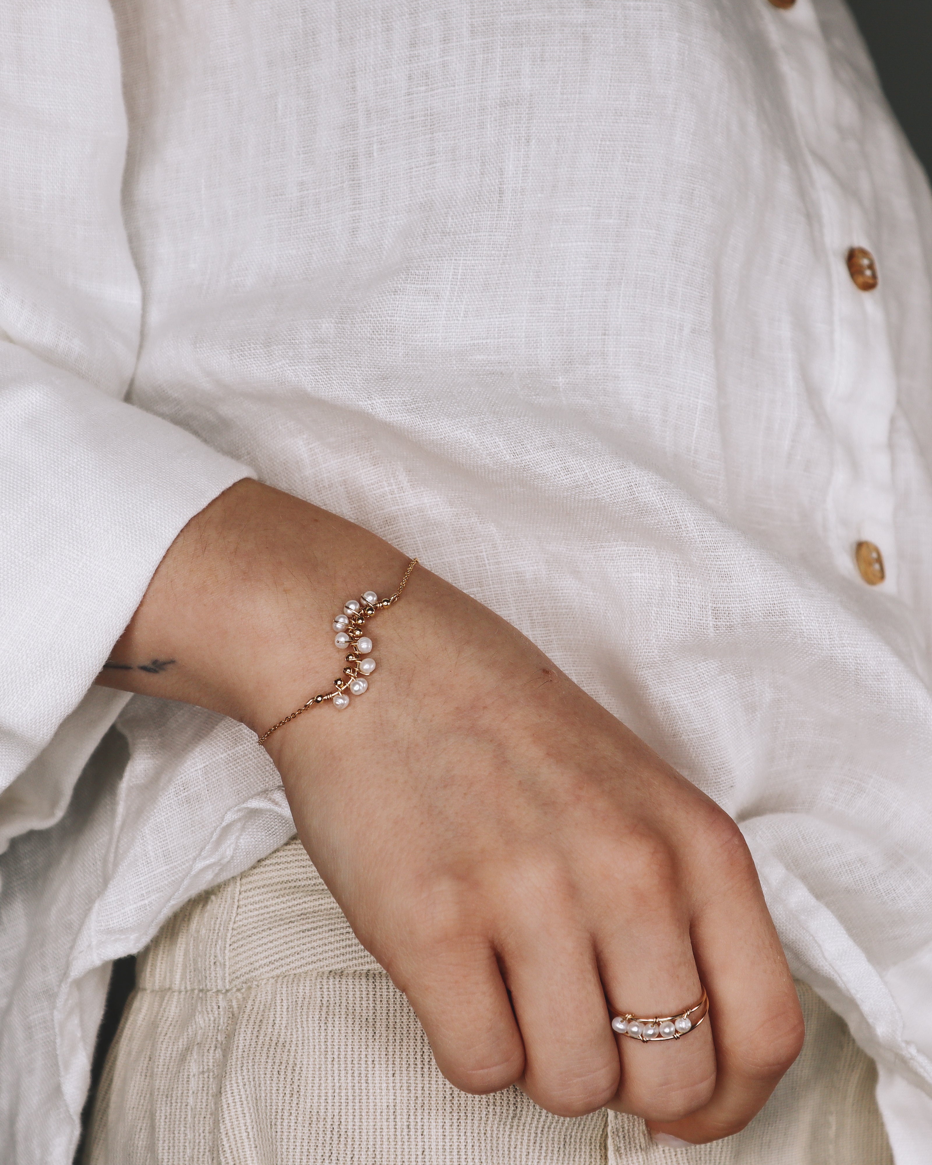 Lys blanc - Bracelet femme elegant tissage perle de culture or argent 