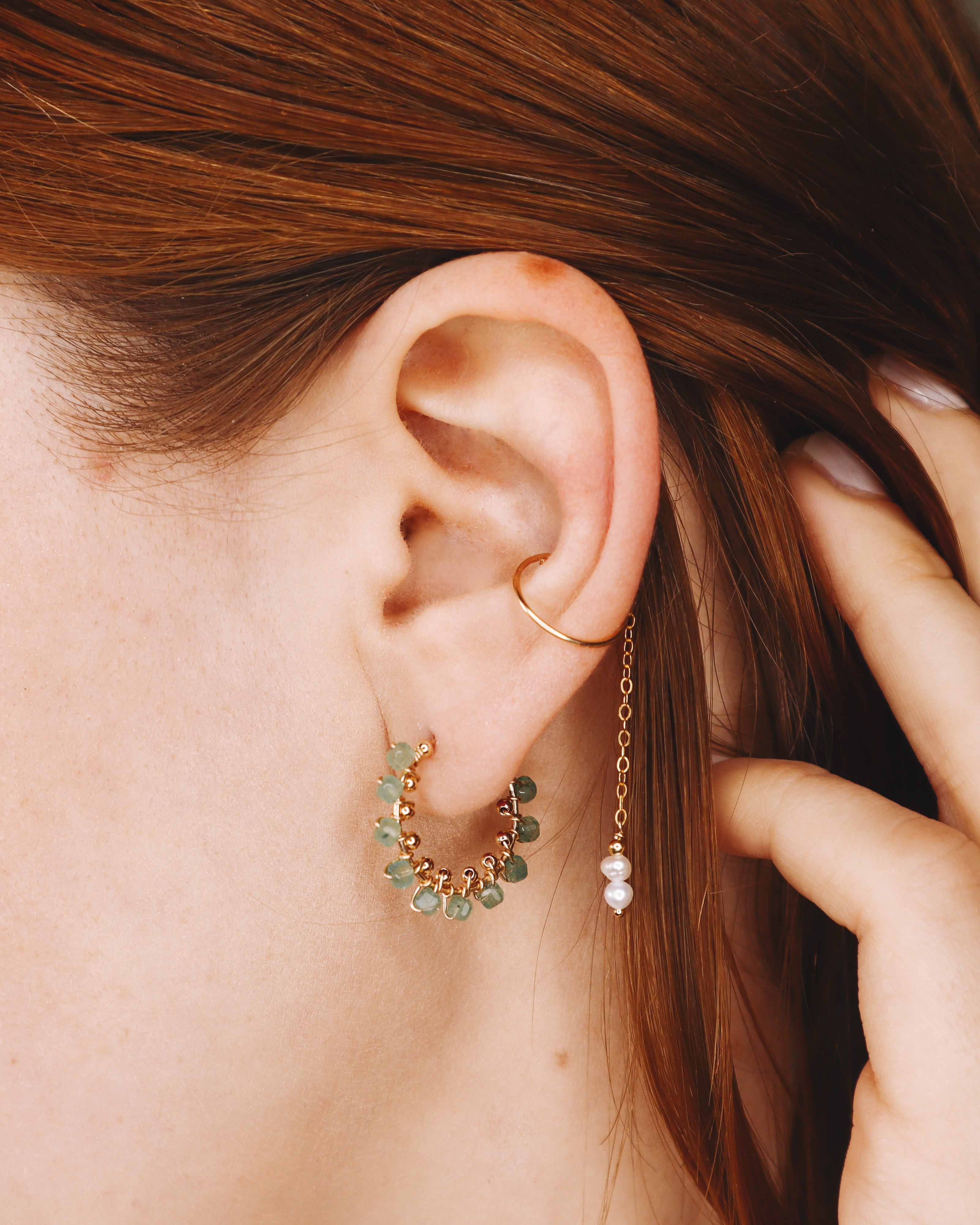 Orne blanc - faux piercing boucle d'oreille chaine perle de culture or argent 