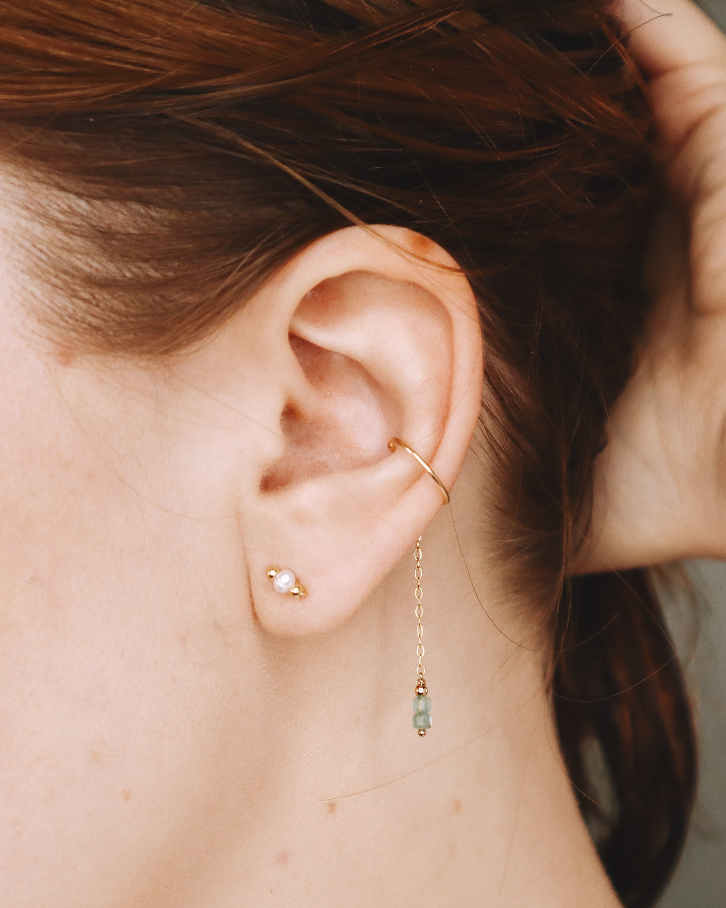 Orne vert - Faux piercing boucle d'oreille chaine aventurine verte or argent 