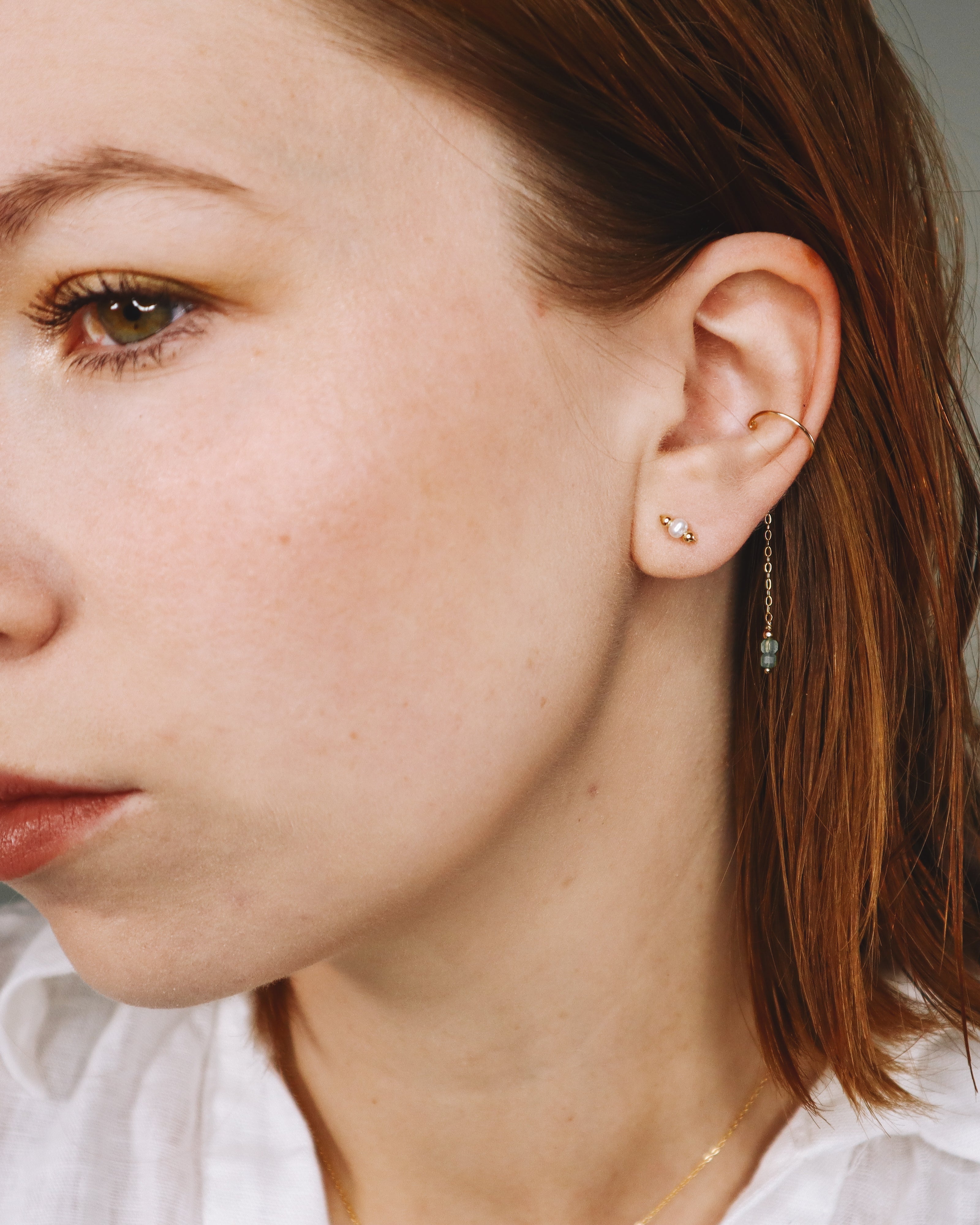 Orne vert - Faux piercing boucle d'oreille chaine aventurine verte or argent 