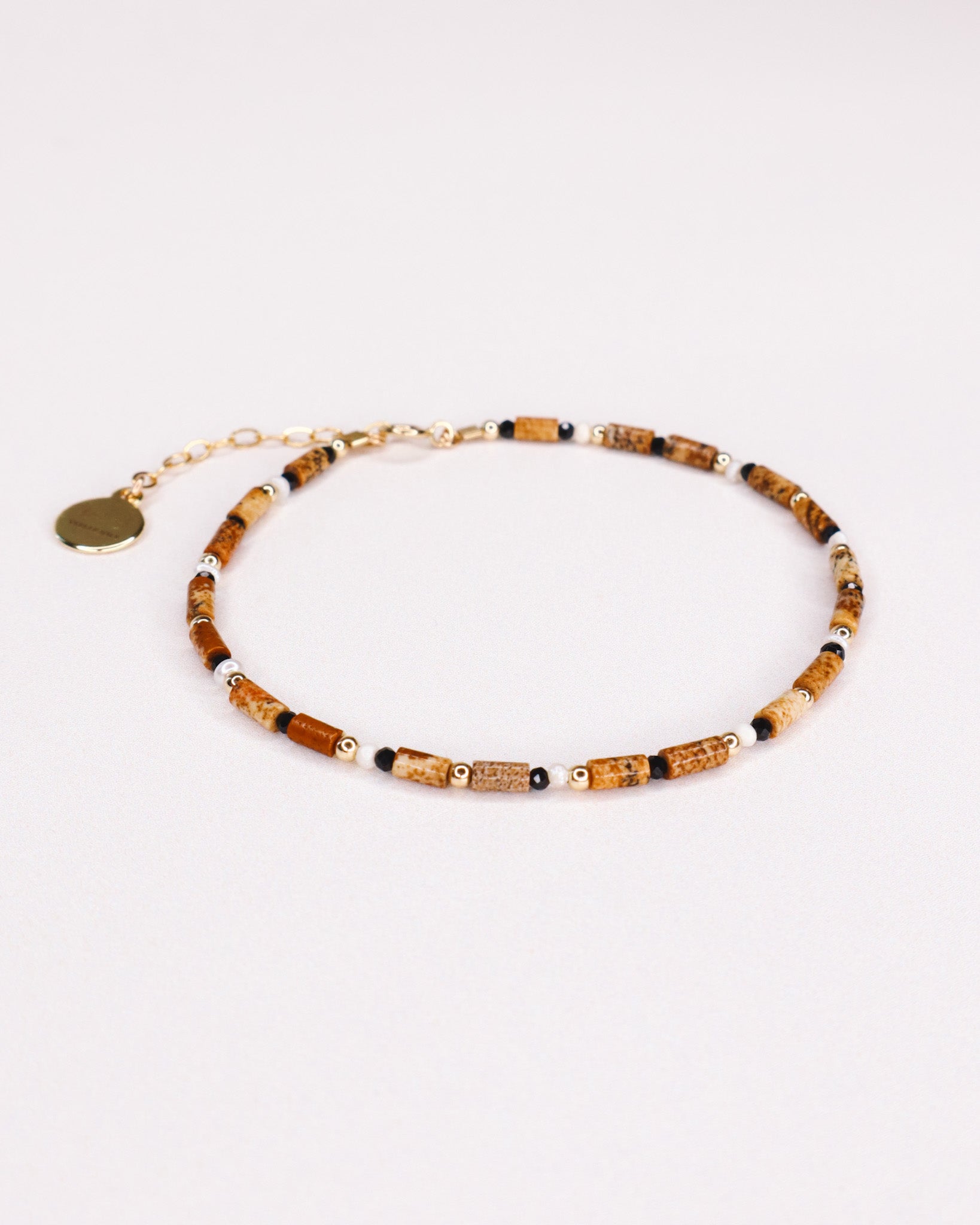 Oudis marron - bracelet perles homme jaspe paysage marron or argent 