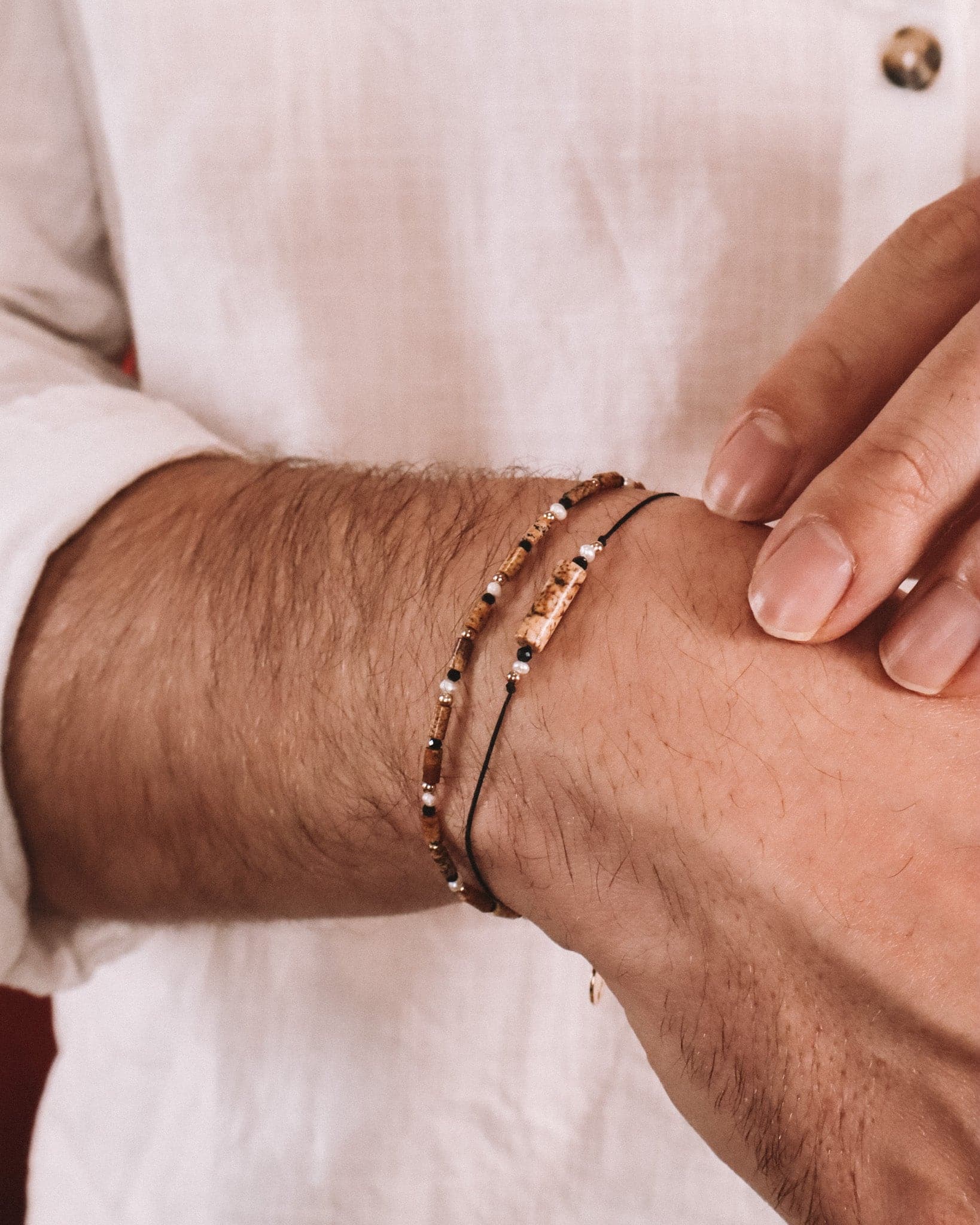 Oudis marron - bracelet perles homme jaspe paysage marron or argent 