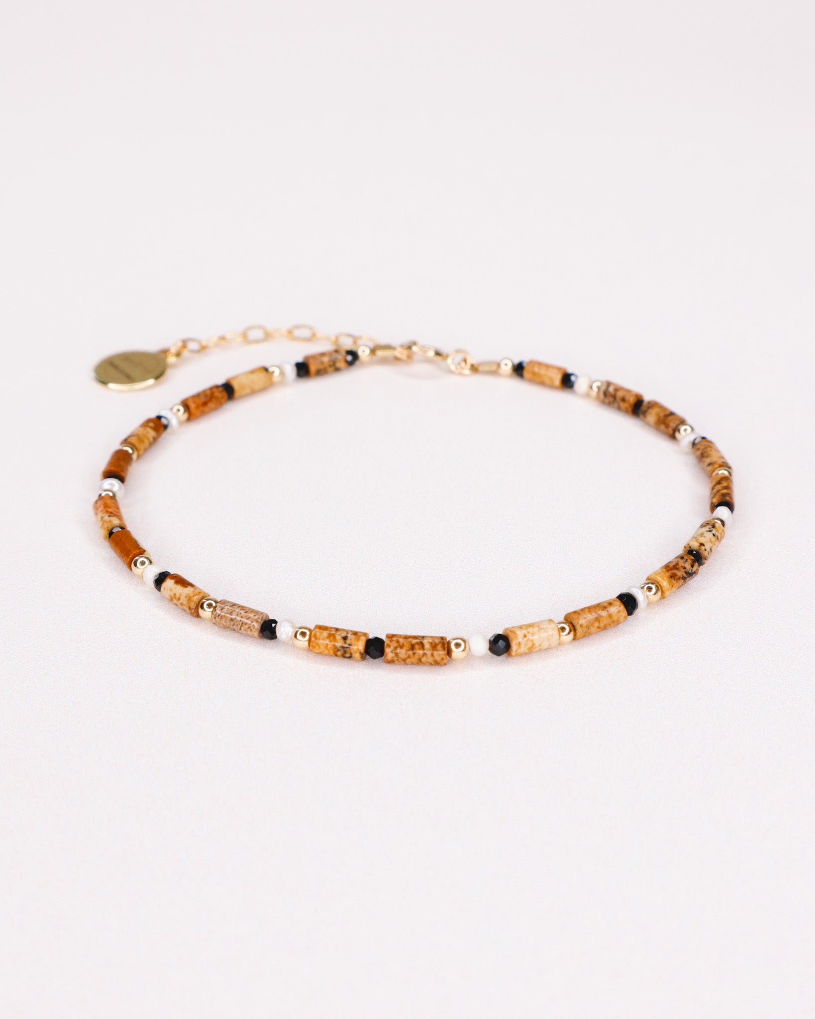 Oudis marron - bracelet perles homme jaspe paysage marron or argent 