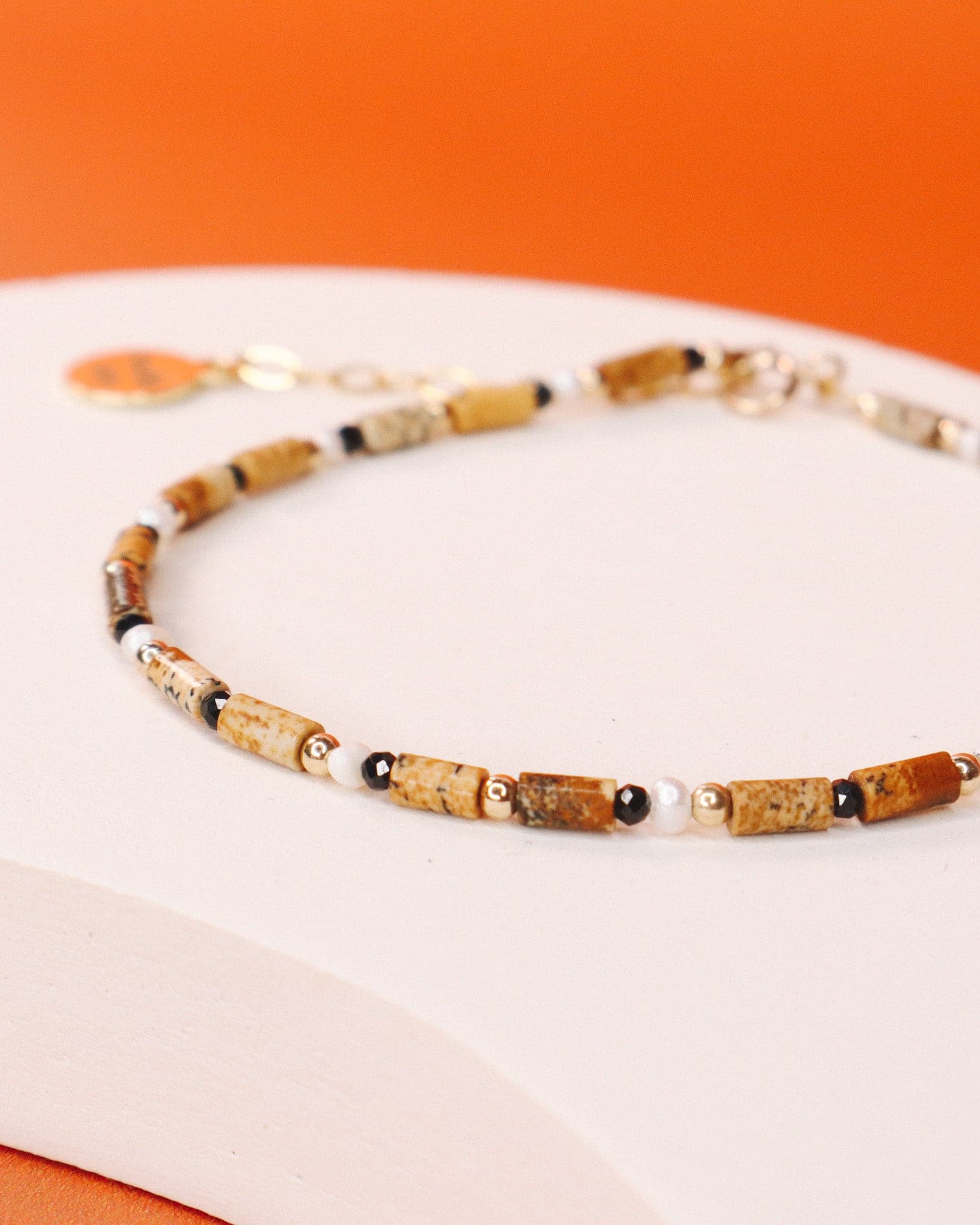 Oudis marron - bracelet perles homme jaspe paysage marron or argent 