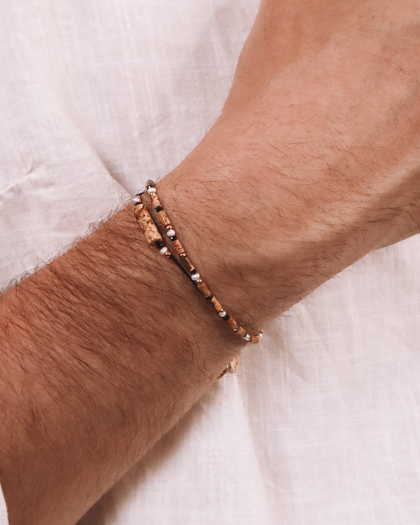 Oudis marron - bracelet perles homme jaspe paysage marron or argent 