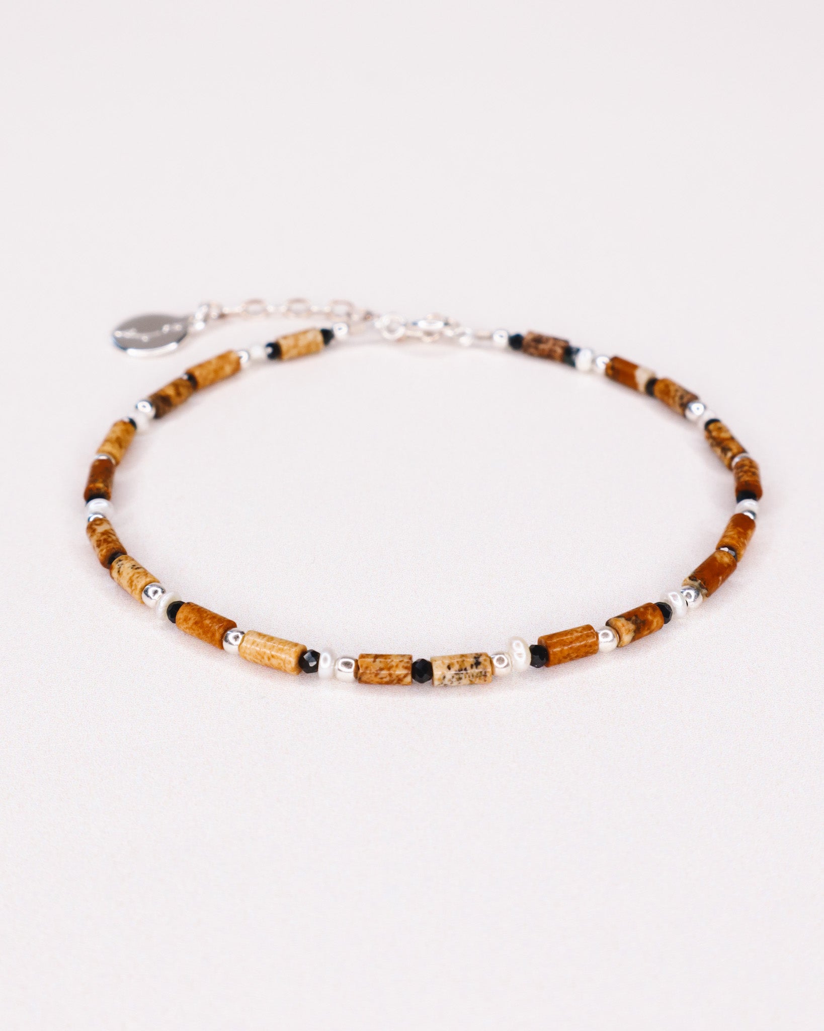 Oudis marron - bracelet perles homme jaspe paysage marron or argent 